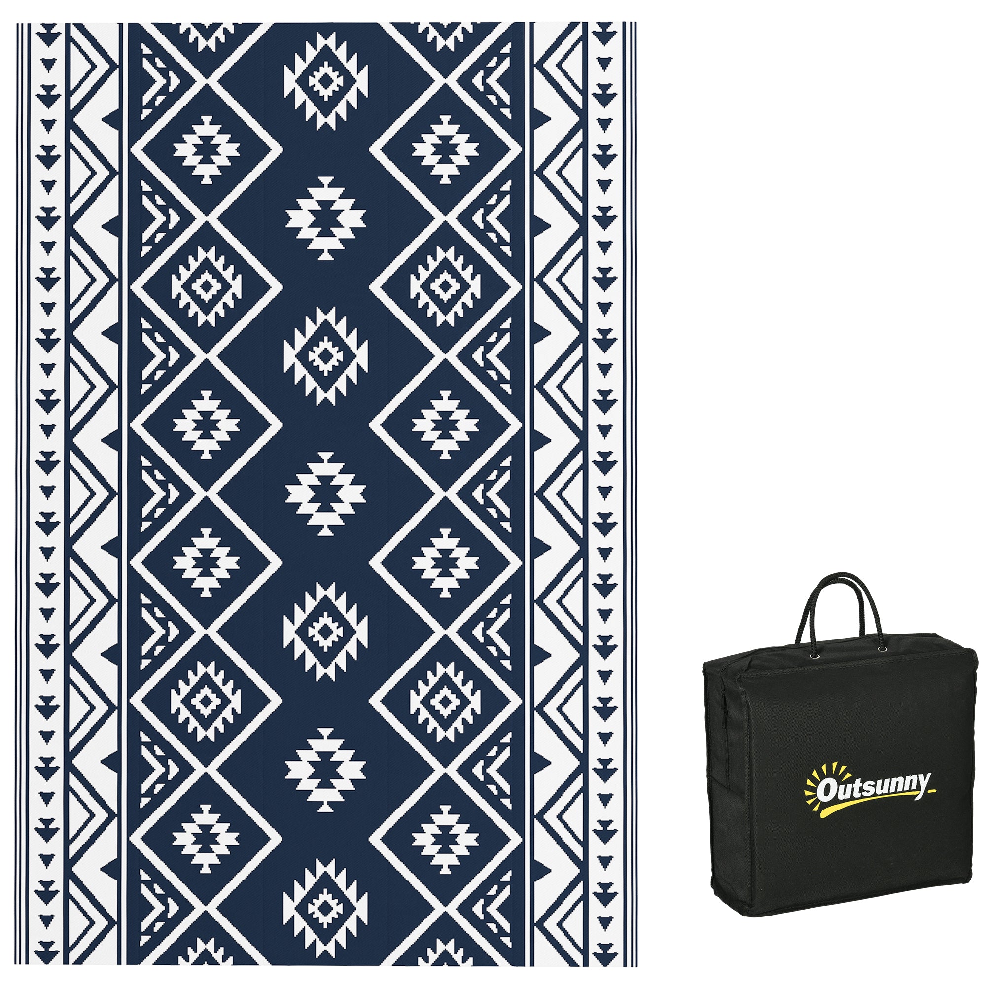 Outsunny Reversible Outdoor Rug, Plastic Straw, Portable with Carry Bag, 182 x 274cm, Dark Blue and White