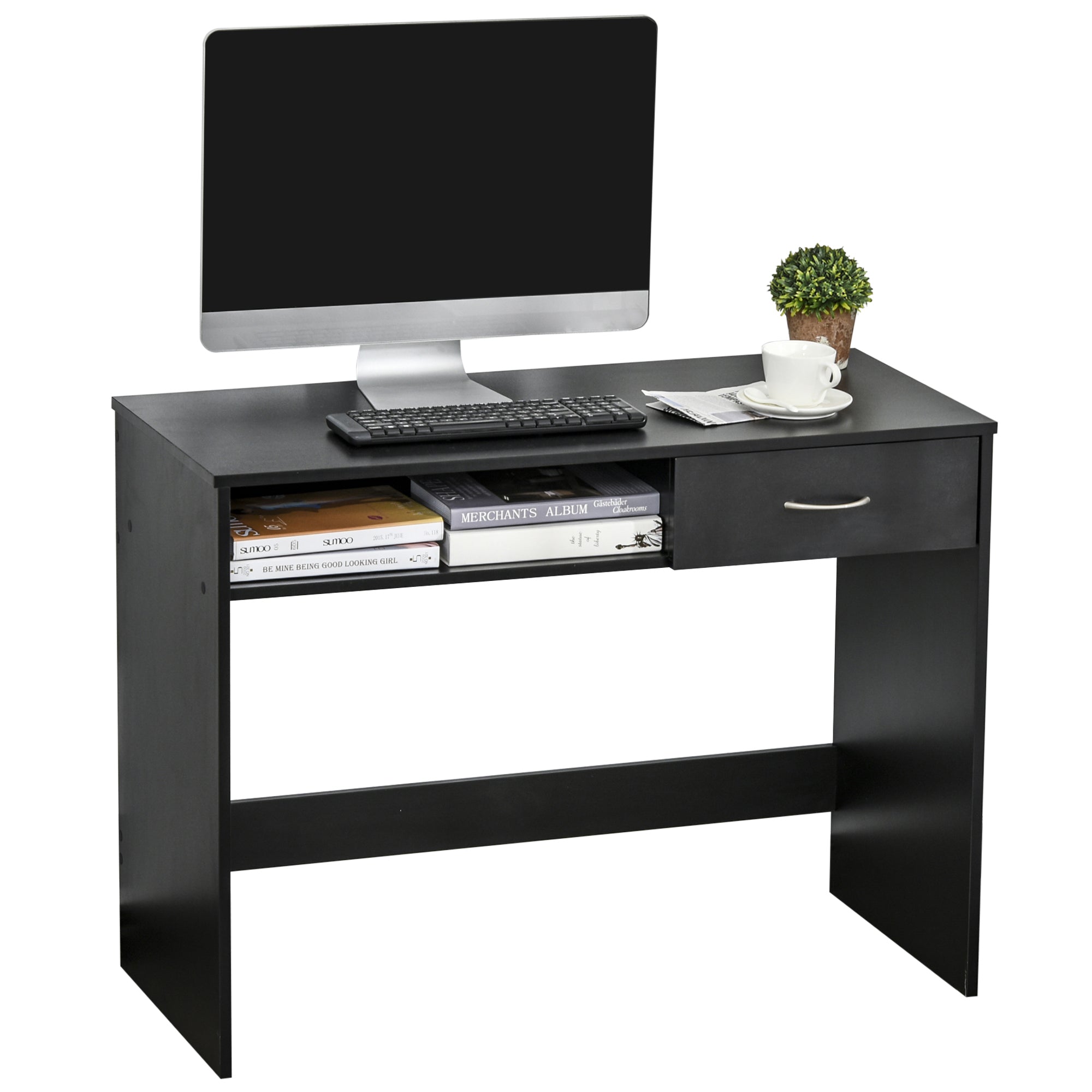 HOMCOM Modern Computer Work Desk Table Study w/ Shelf Drawer Standing Writing Station Display Stylish Storage Compact Black