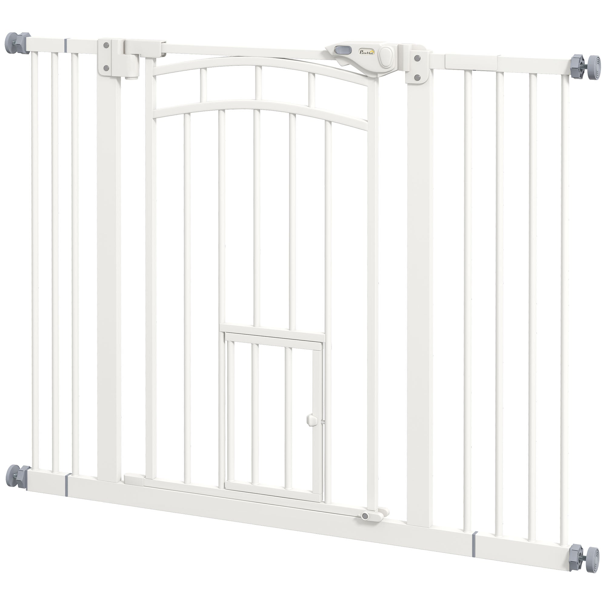 PawHut Stair Dog Gate with Cat Door, Pressure Fit, Auto Close, Double Lock, 74-100cm Openings, White