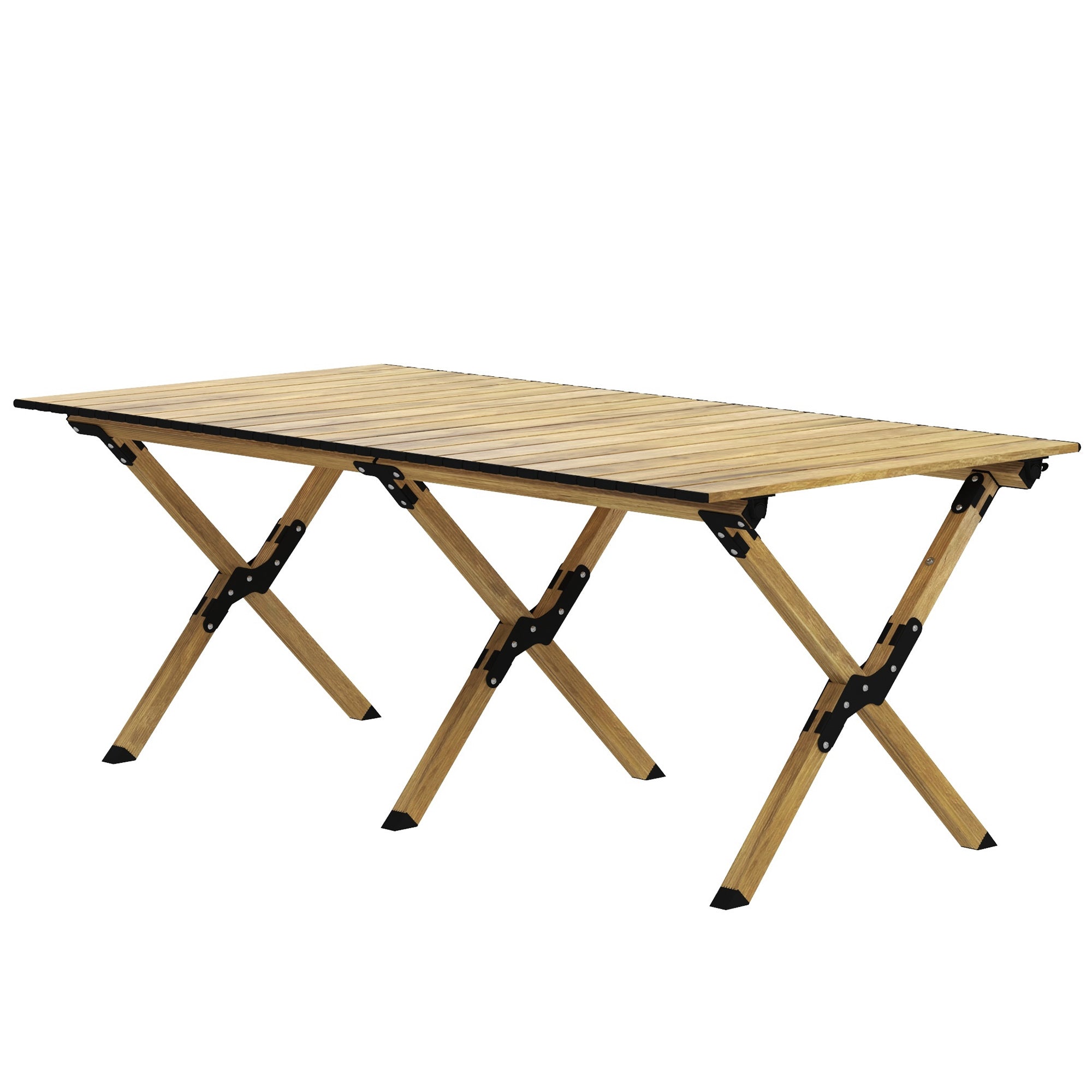 Outsunny Folding Camping Table, Portable Aluminium Picnic Table with Roll-Up Top, for Indoor, Outdoor, Party, BBQ, Natural Wood Effect