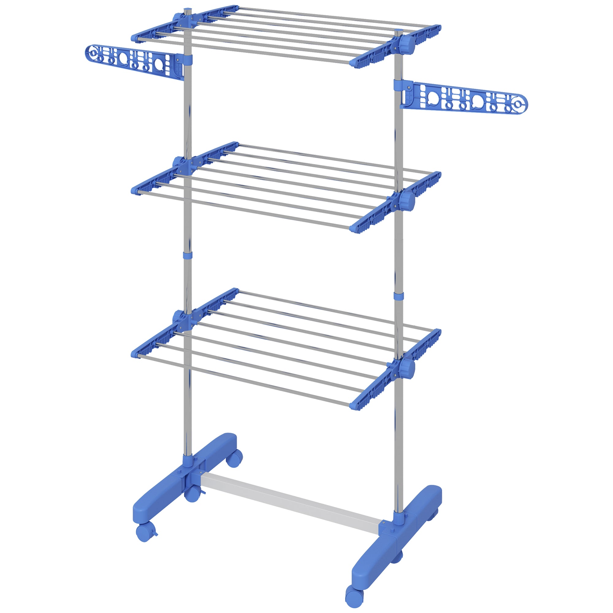 HOMCOM 3-Tier Clothes Airer, Foldable Clothes Drying Rack, Stainless Steel Indoor and Outdoor Clothes Dryer with Wheels and Wings, Easy Assembly, 142 x 55 x 152cm, Blue