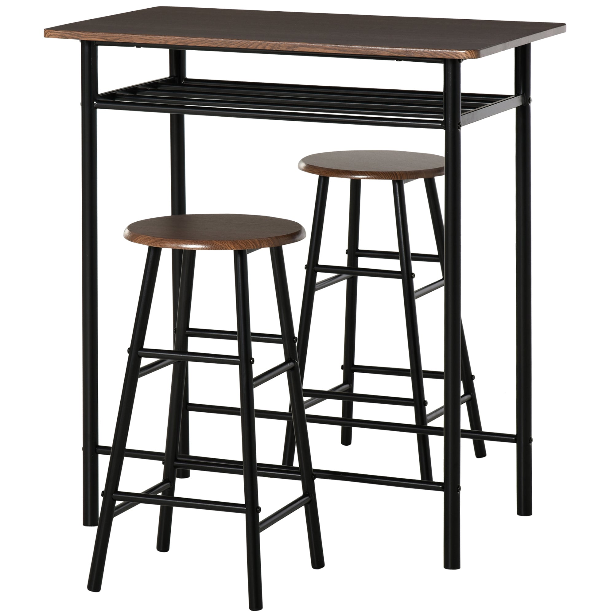 HOMCOM Bar Table Set, Bar Set-1 Bar Table and 2 Stools with Metal Frame Footrest and Storage Shelf, for Kitchen, Dining Room, Pub, Cafe, Black and Oak