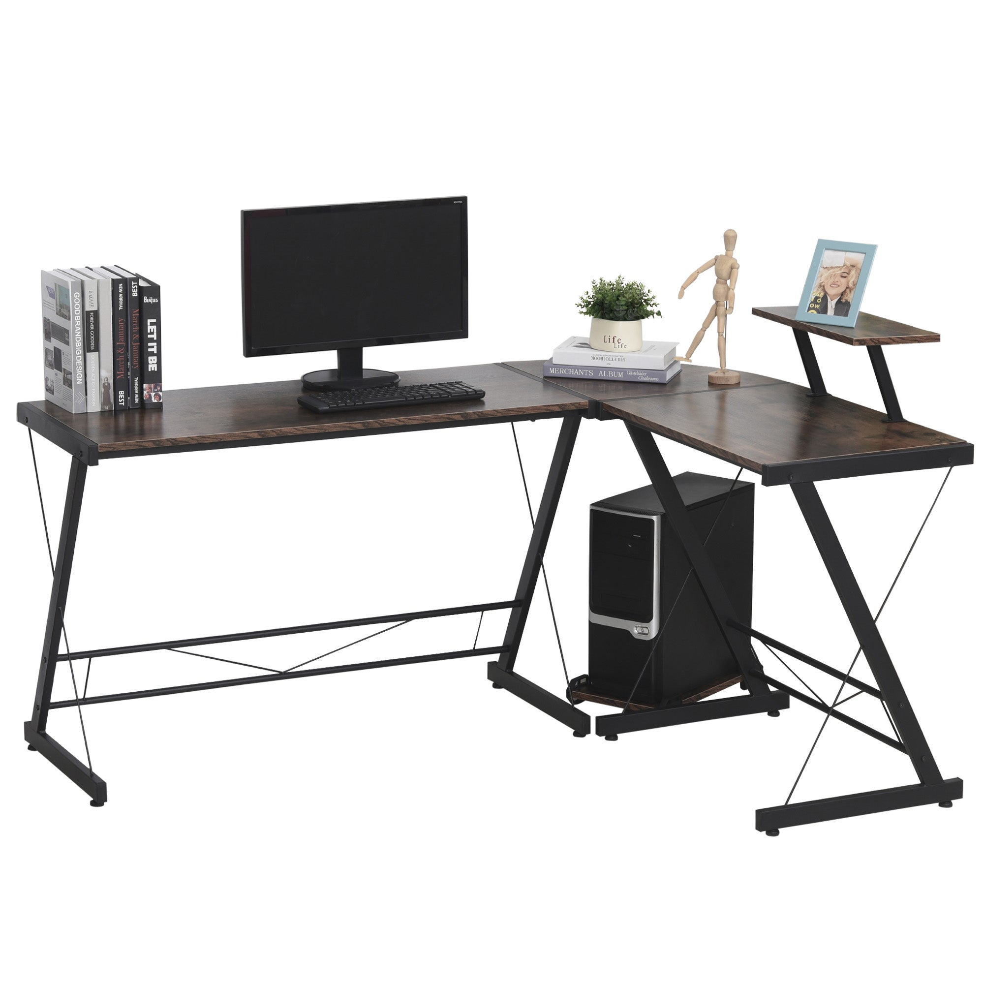 HOMCOM L Shaped Office Desk Round Corner Gaming Table Workstation with Storage Shelf, CPU Stand for Home Office