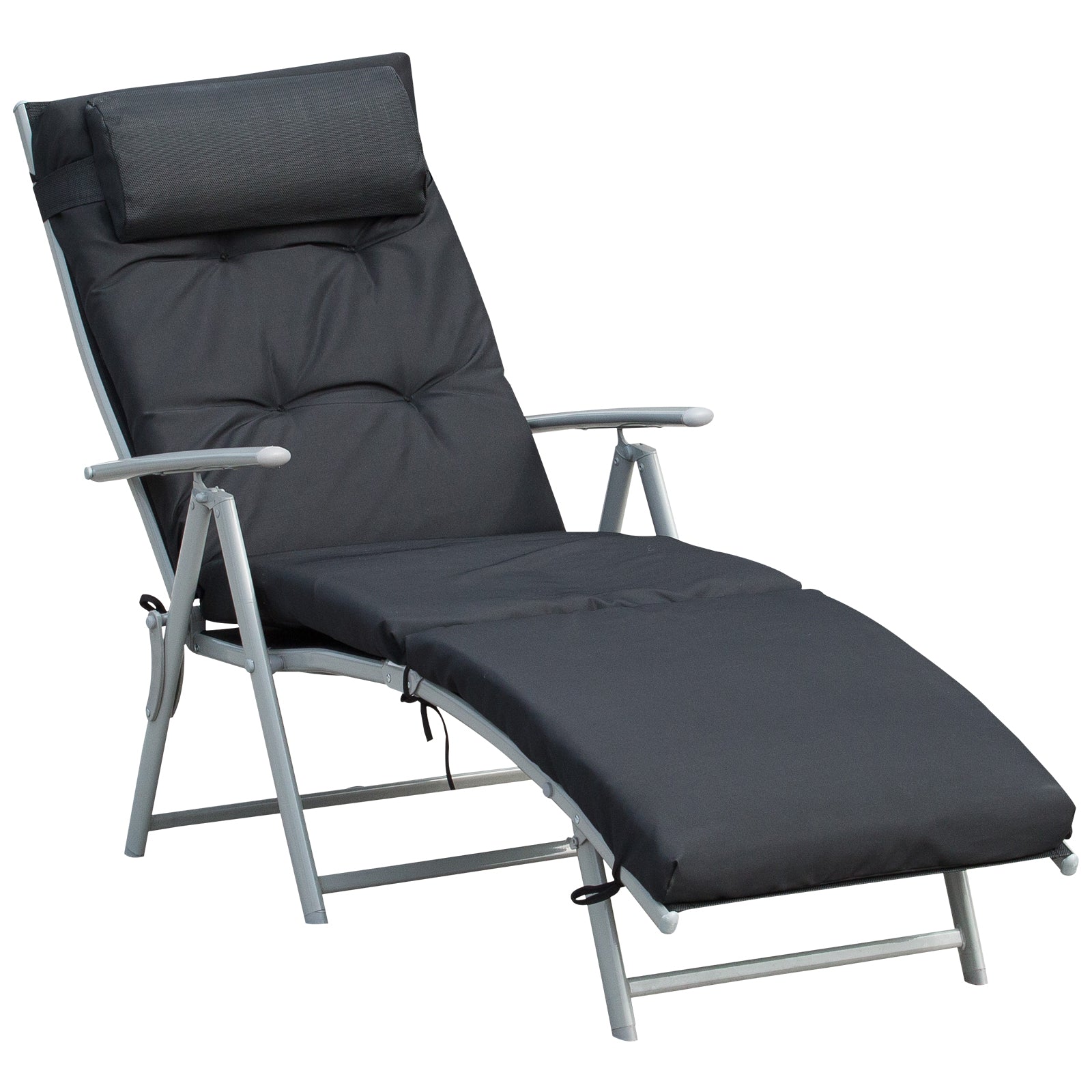 Outsunny Foldable Sun Lounger Garden Texteline Reclining Chair w/ Pillow, Adjustable Back, Thickened Cushion, Black