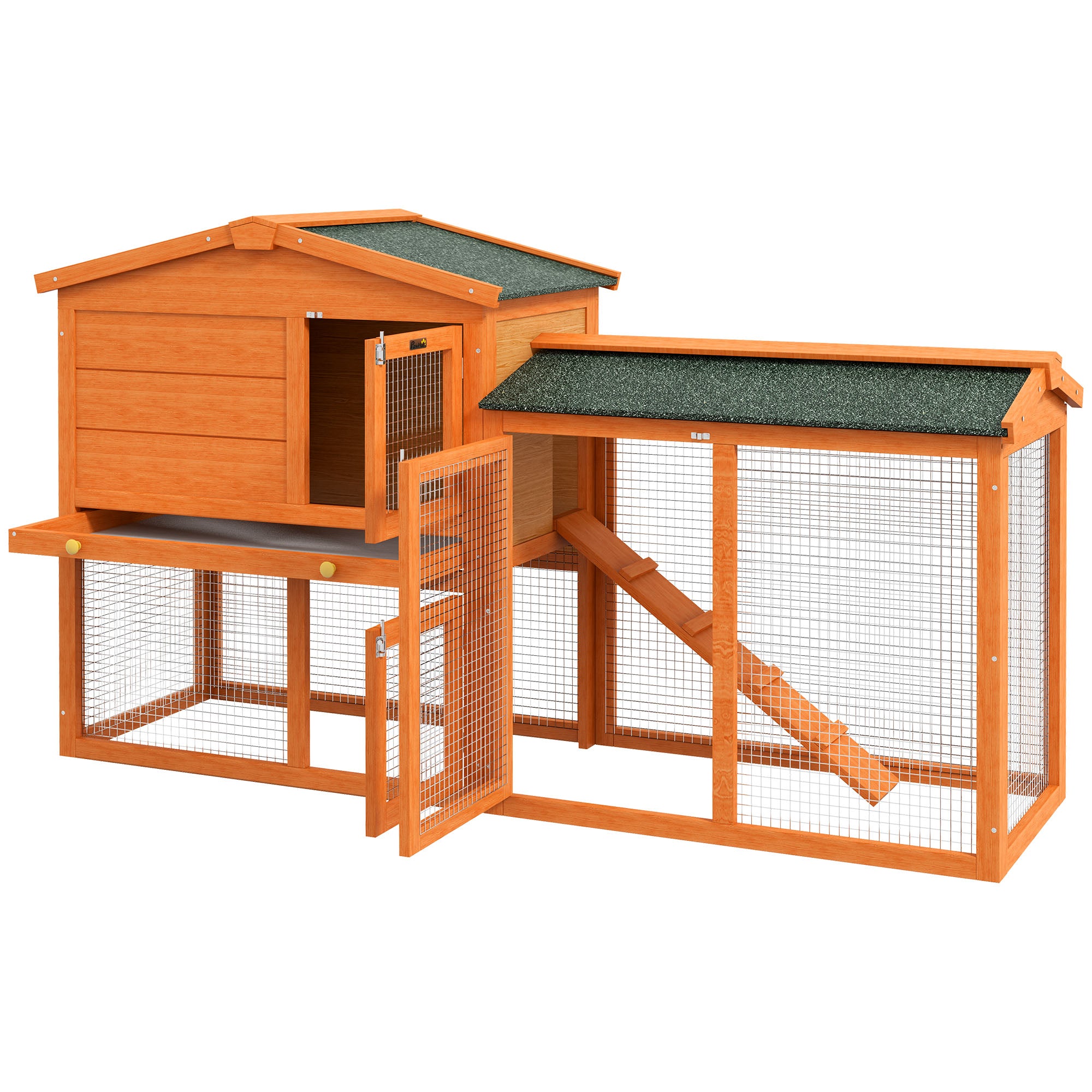 PawHut 2 Tier Rabbit Hutch with Run, Ramp, Slide-out Tray, for Garden, Yard, Orange