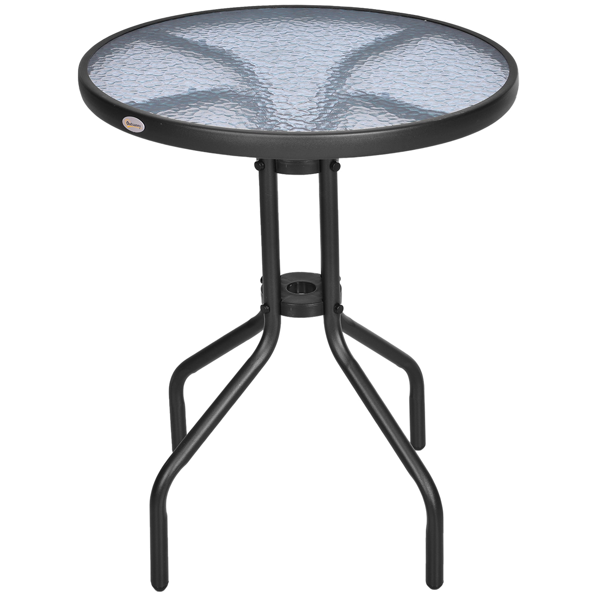 Outsunny Round Metal Garden Table, 60cm Diameter Tempered Glass Top, Outdoor Patio Furniture, Black