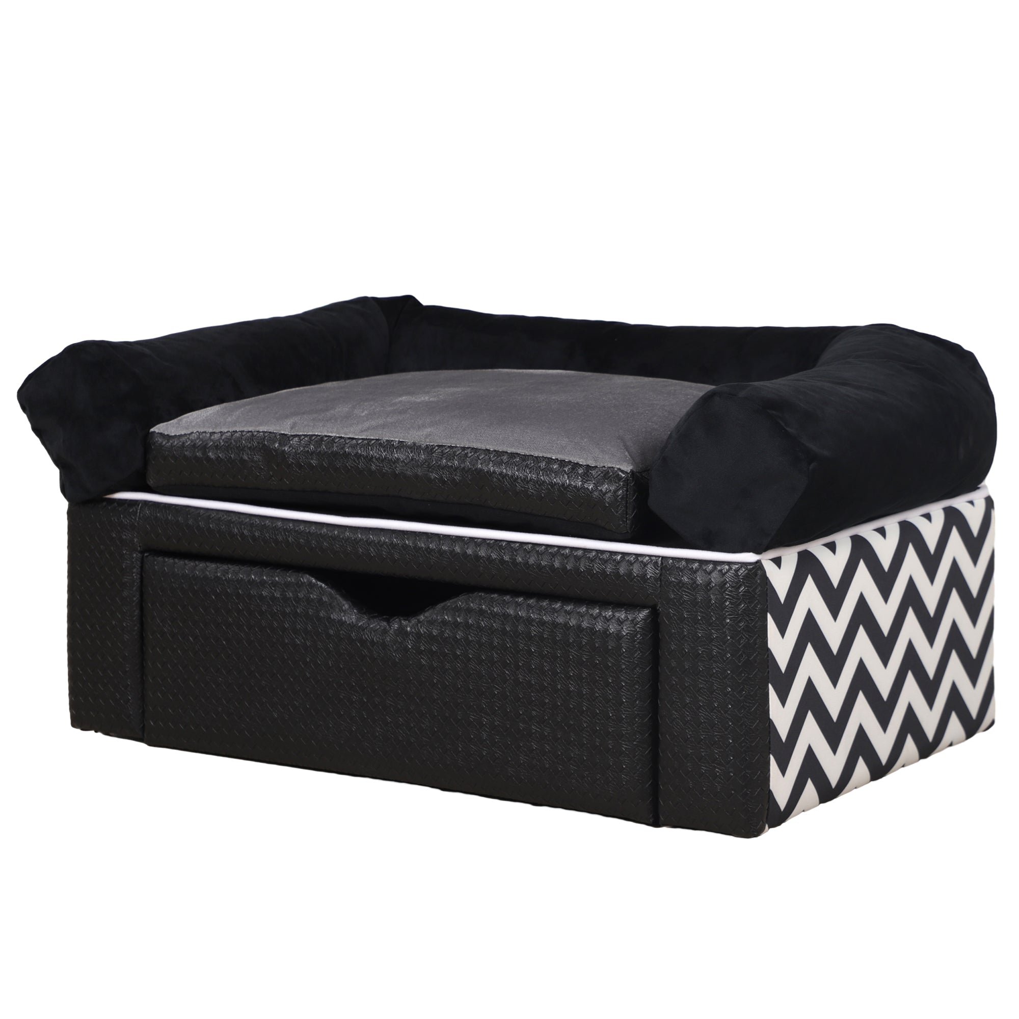 PawHut Dog Sofa Bed with Storage Drawer, Elevated Dog Couch for Small Dogs, with Soft Cushion, Removable and Washable Cover, Black