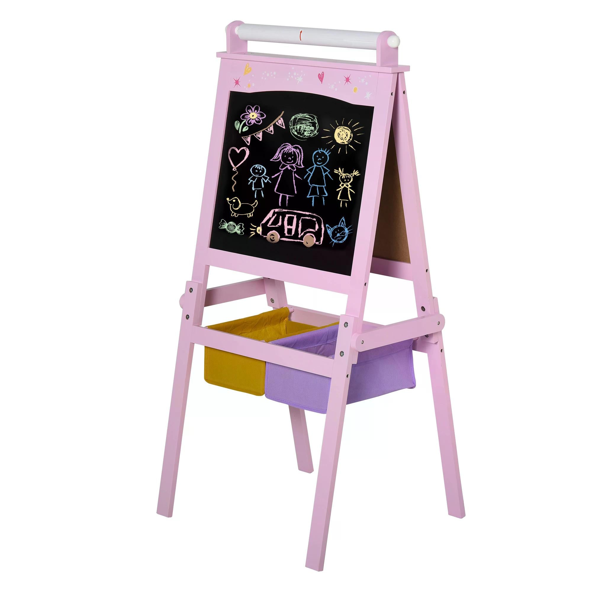 HOMCOM 3 In 1 Kids Wooden Art Easel with Paper Roll Double-Sided Chalkboard & Whiteboard with Storage Baskets Gift for Toddler Girl Age 3 Years+ Pink