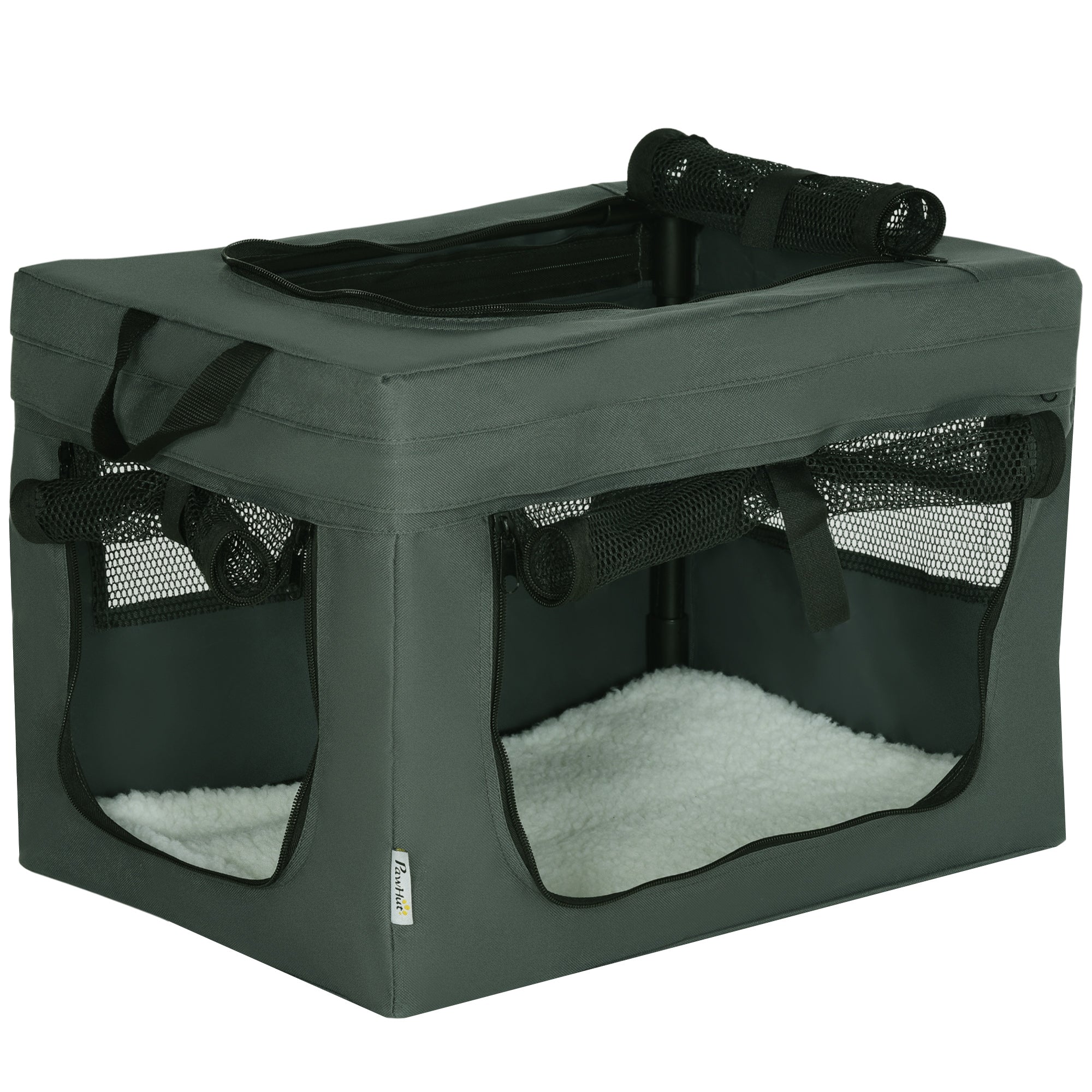 PawHut Portable Pet Carrier: Foldable Cat & Small Dog Travel Bag with Plush Cushion, Slate Grey