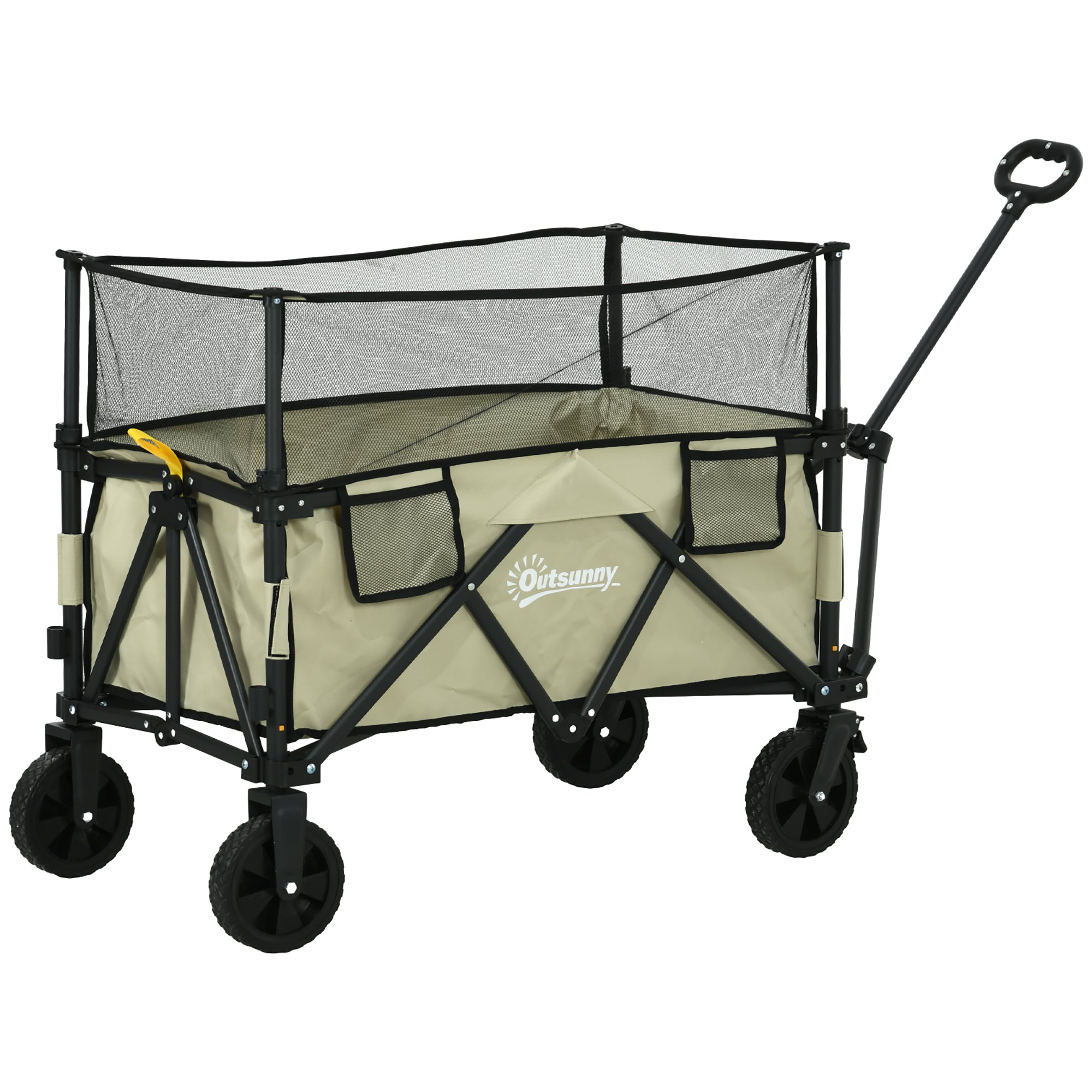 Outsunny Folding Trolley Wagon Cart, 180L with Extendable Side Walls for Beach, Camping, Festivals, Khaki