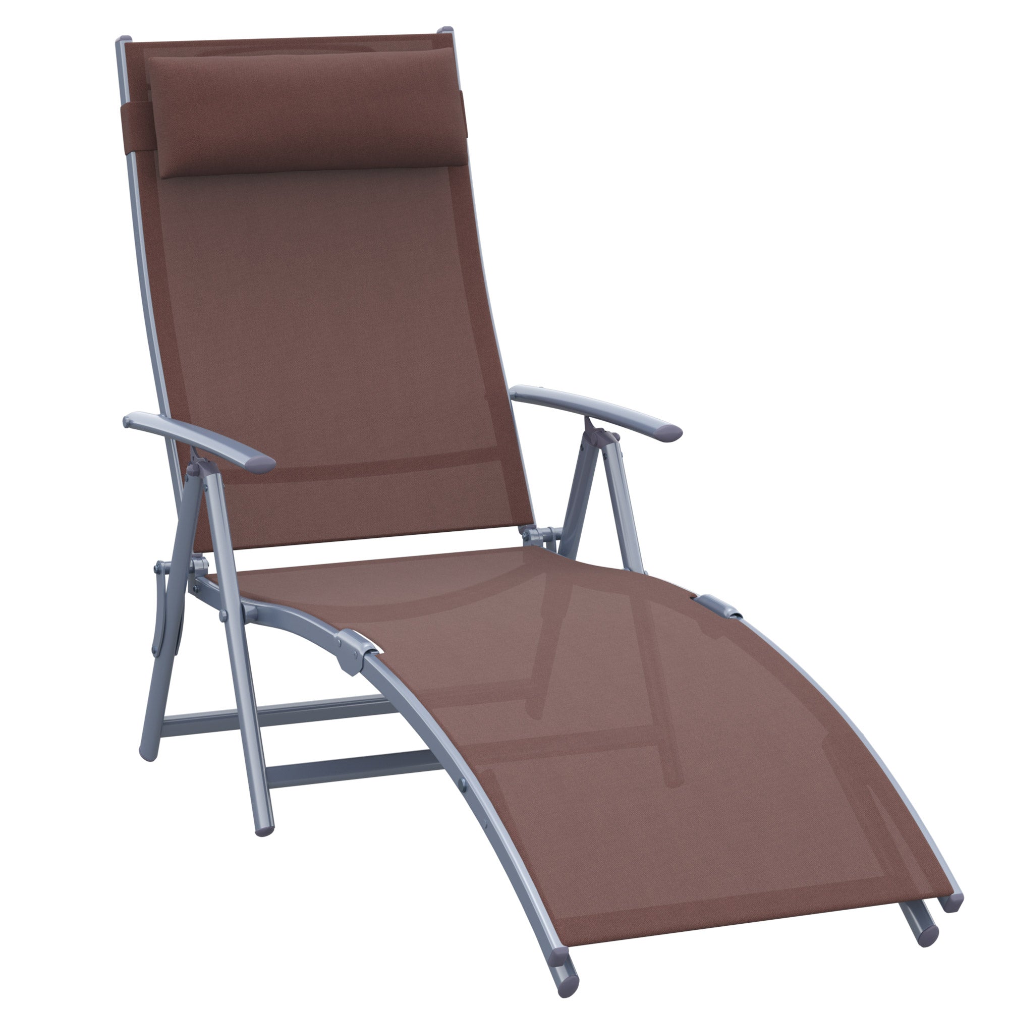 Outsunny Foldable Sun Lounger, Garden Texteline Reclining Chair with Pillow, Adjustable Outdoor Recliner, Brown