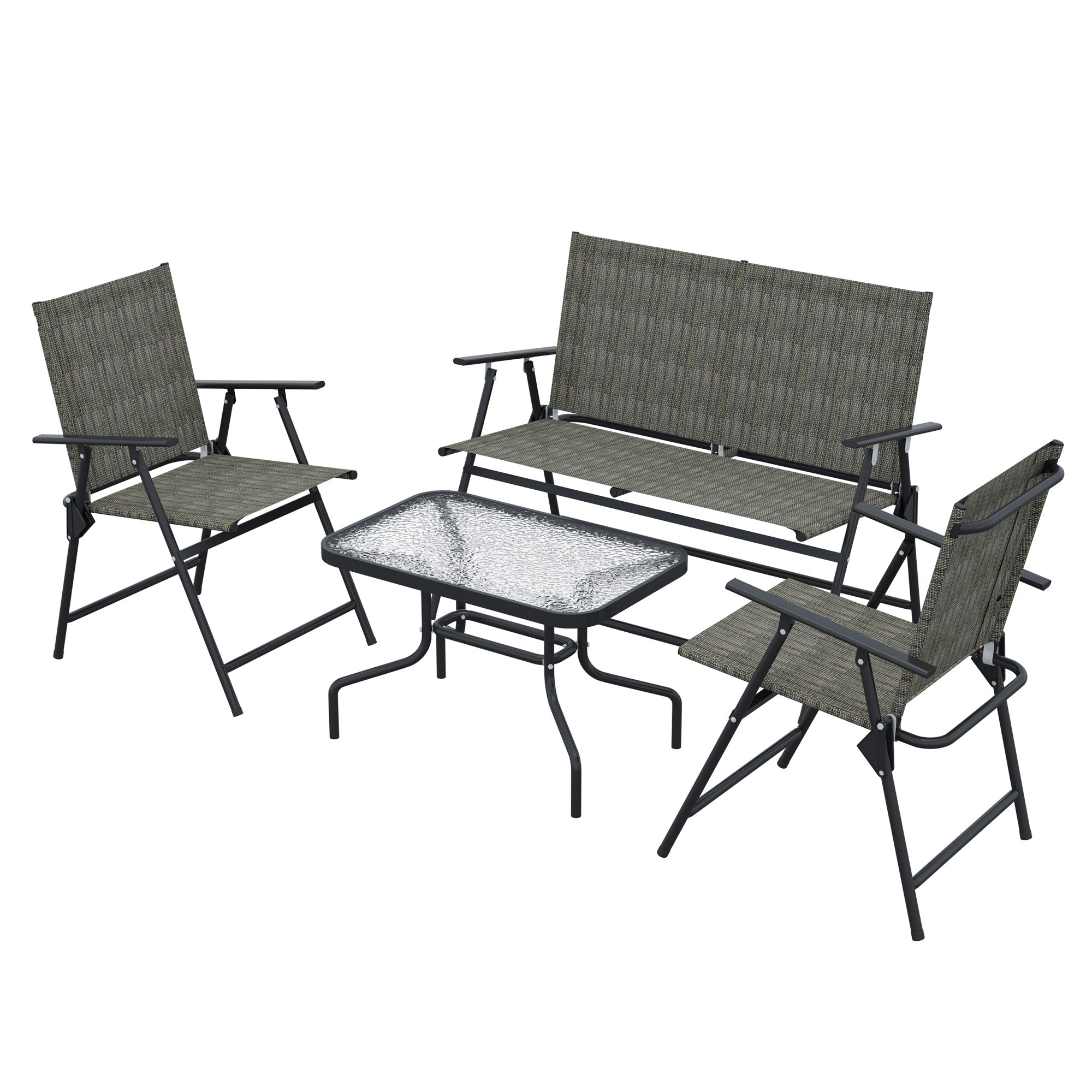 Outsunny Breathable Mesh Patio Set: Foldable Armchairs, Loveseat & Glass Table, Earthy Brown