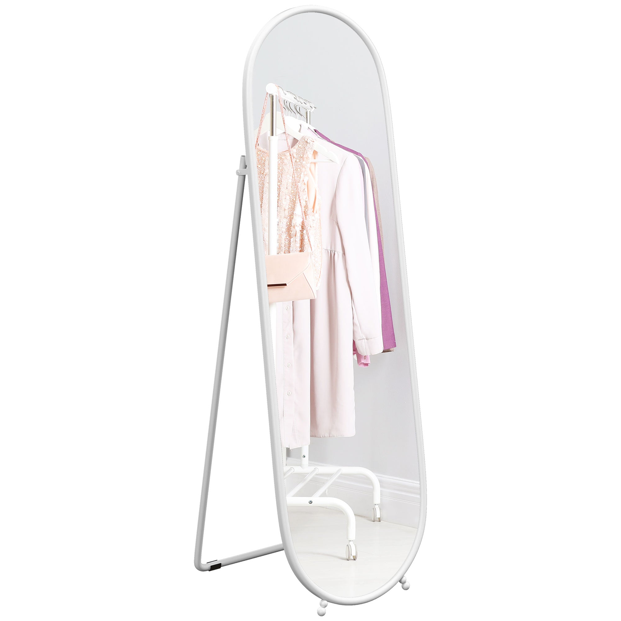 HOMCOM 40 x 160cm Full Length Mirror, Floor Standing, Wall-Mounted or Leaning Against Wall Tall Mirror with Support Frame, Oval Full Body Mirror for Bedroom, Living Room, White