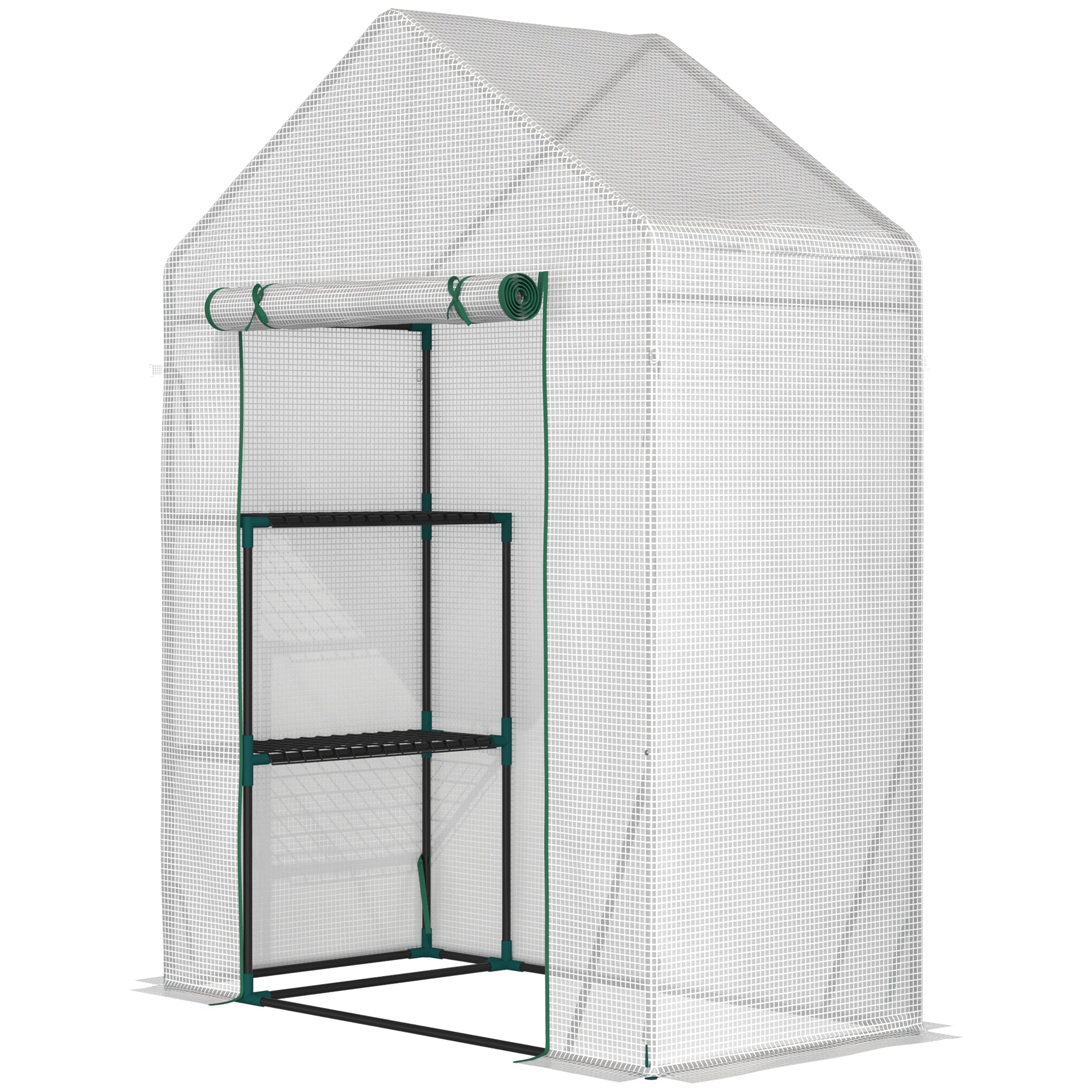 Outsunny Greenhouse for Outdoor, Portable Gardening Plant Grow House with 2 Tier Shelf, Roll-Up Zippered Door, PE Cover, 143 x 73 x 195cm, Green