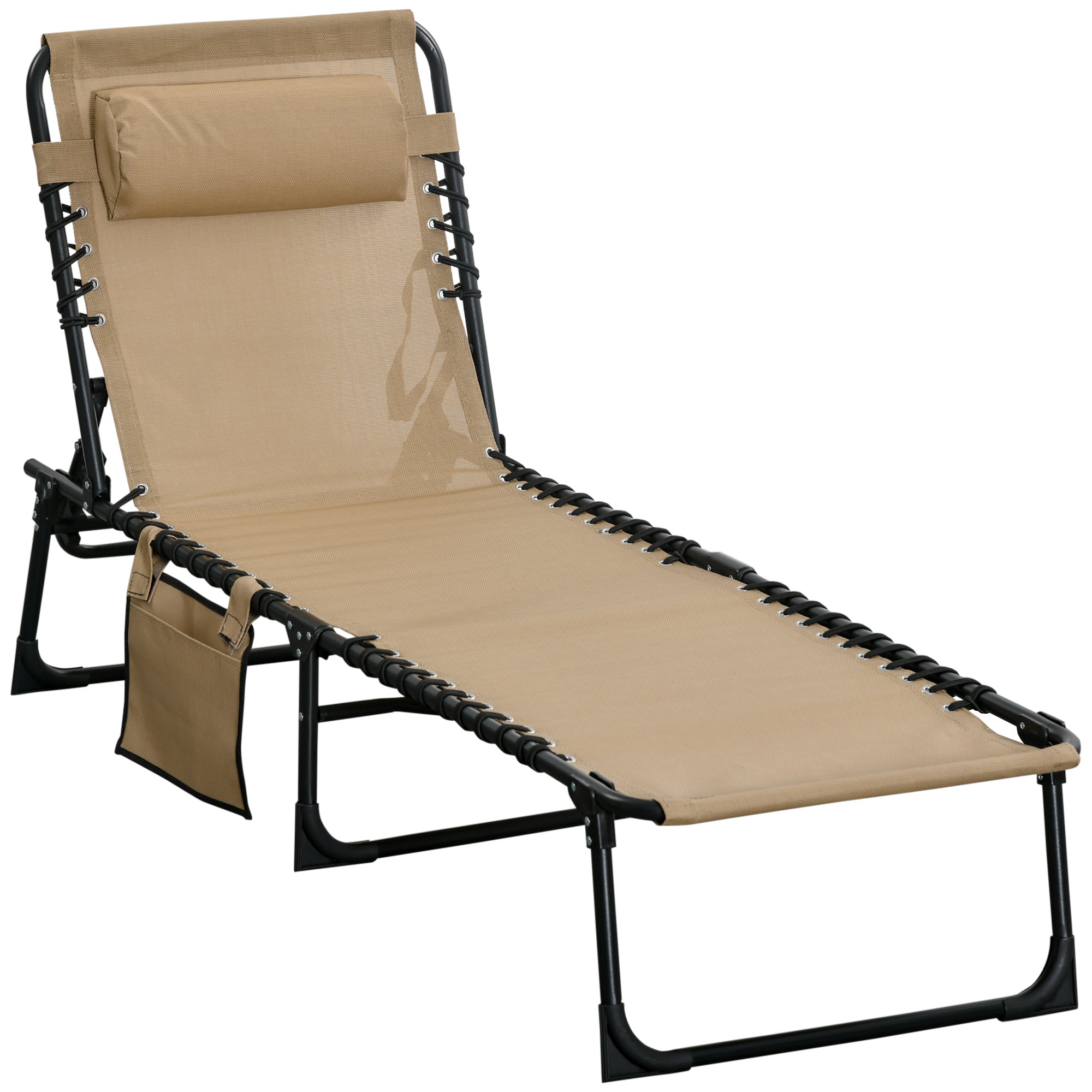 Outsunny Portable Sun Lounger, Folding Camping Bed Cot, Reclining Lounge Chair 5-position Adjustable Backrest w/ Pillow for Garden Beach Pool, Beige