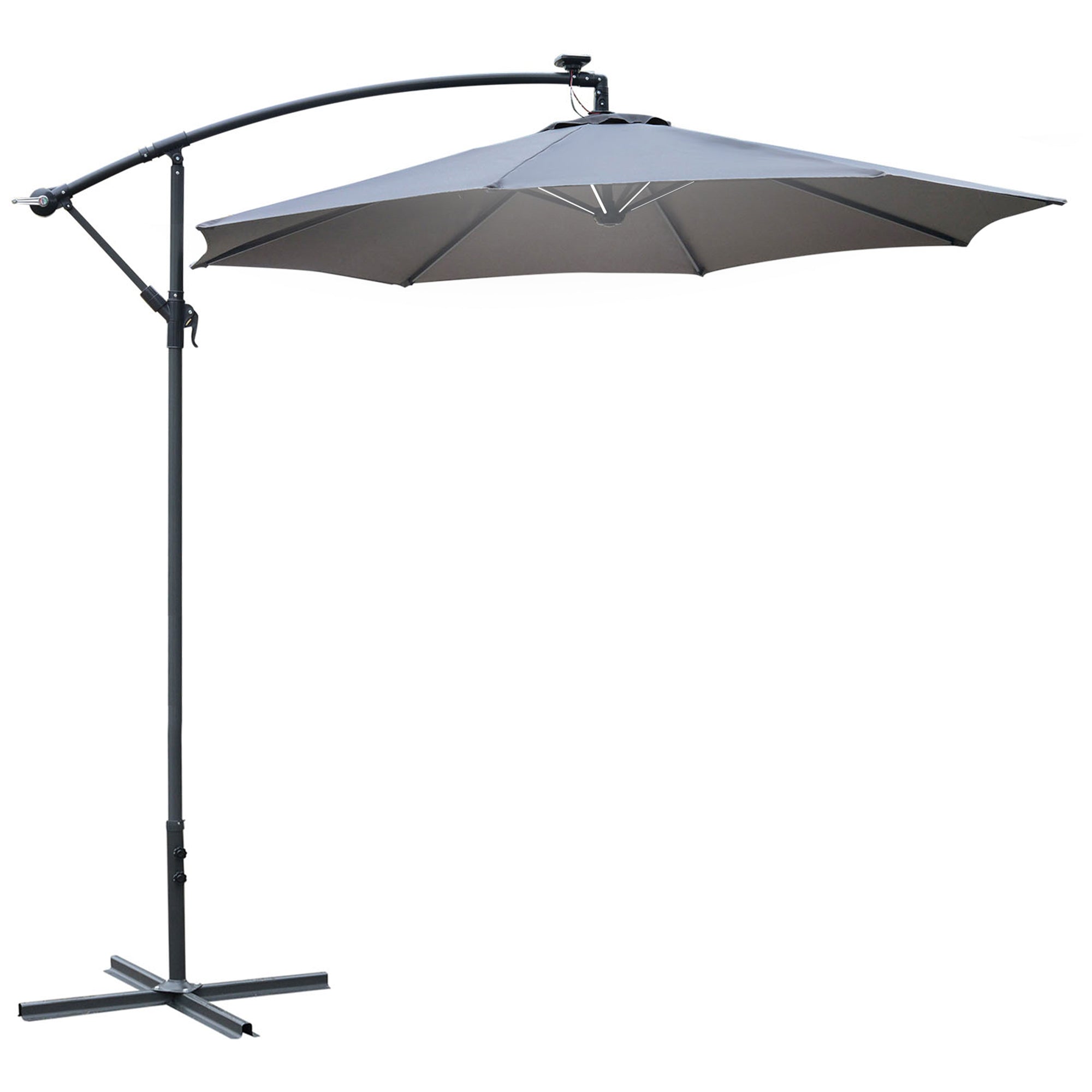 Outsunny Solar Cantilever Parasol: 3m LED Banana Umbrella with Crank & Cross Base, Grey