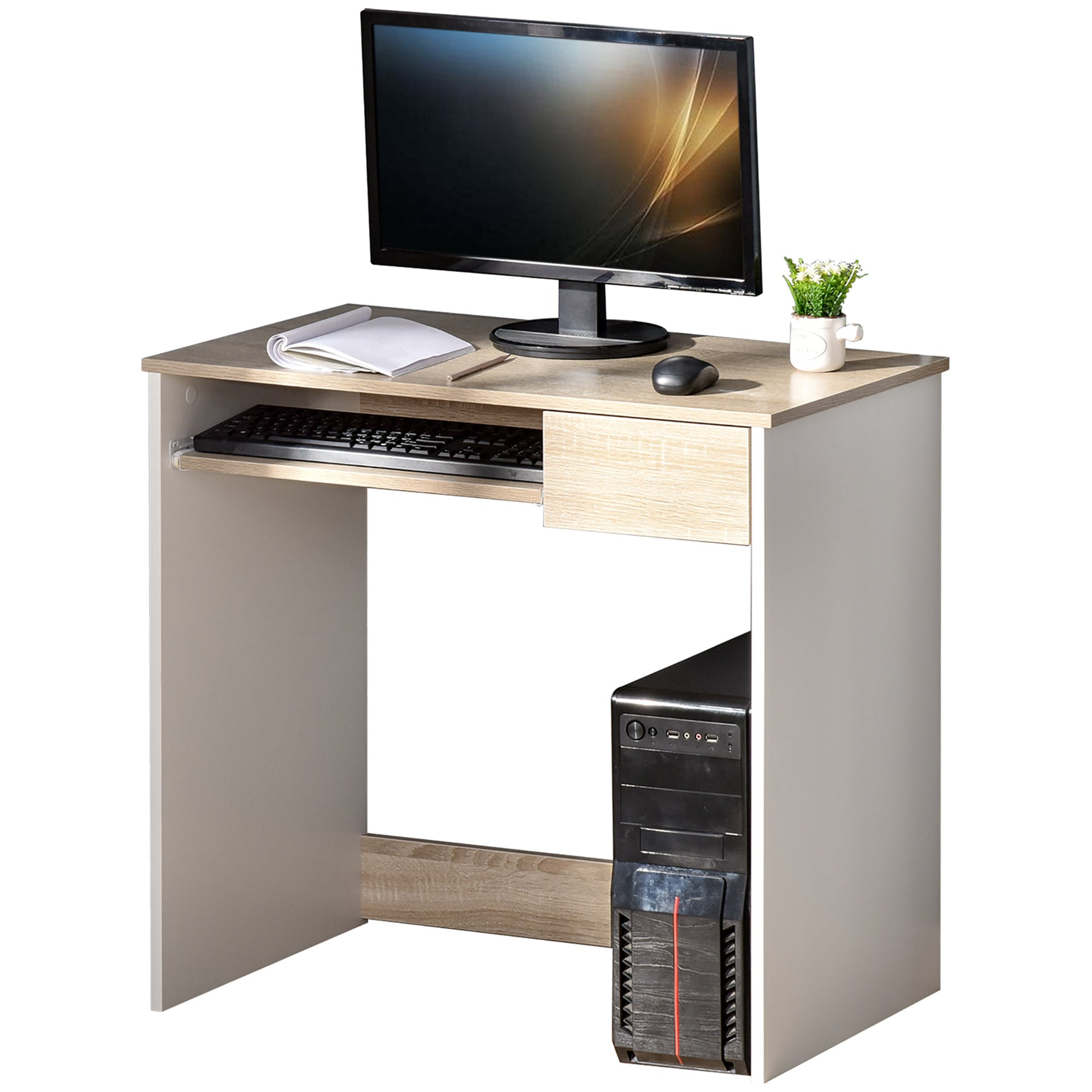 HOMCOM Compact Computer Table with Keyboard Tray Drawer Study Office Working Gaming Writing Desk, Oak Colour