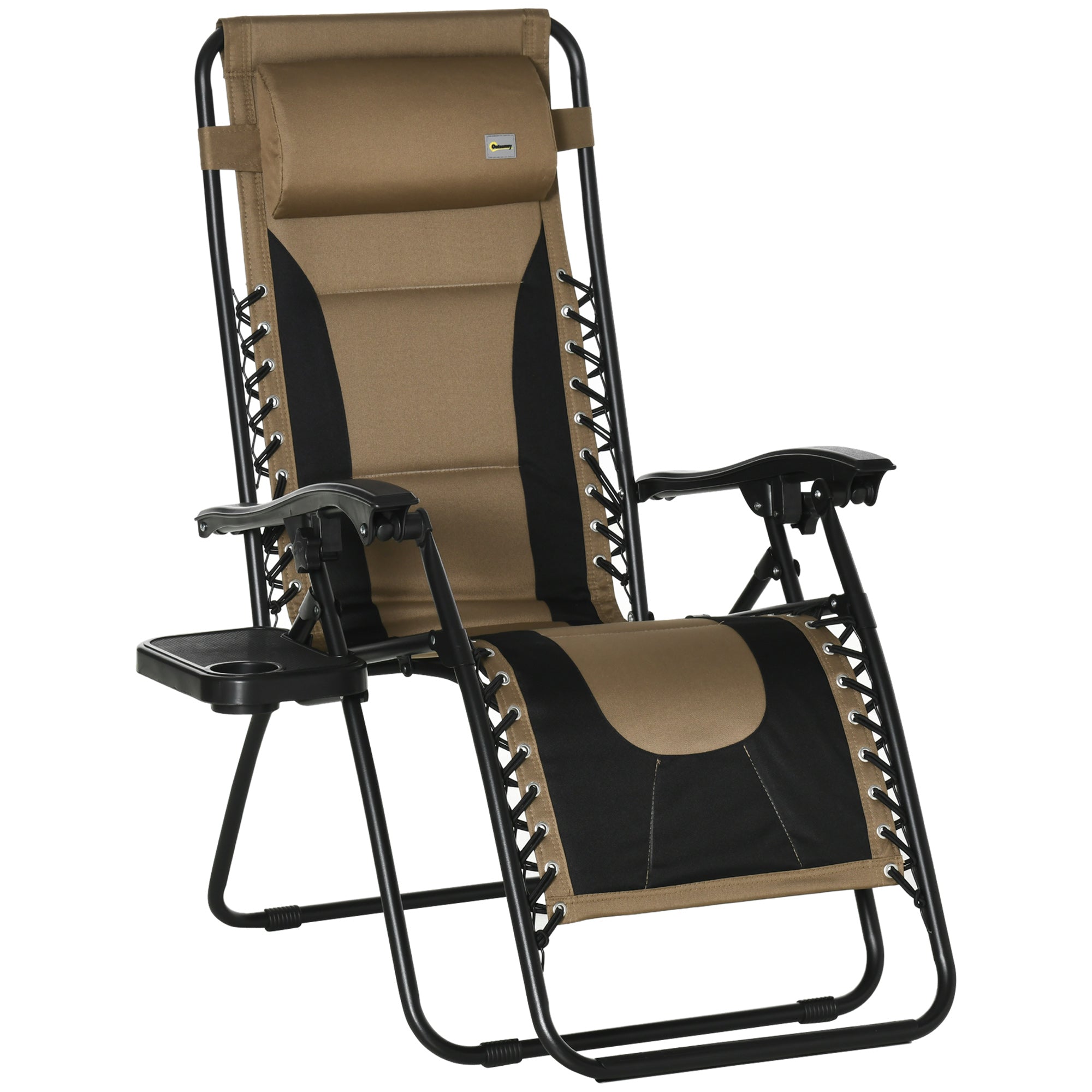 Outsunny Zero Gravity Recliner, Folding Patio Lounger with Cup Holder, Adjustable Backrest, Padded Pillow for Outdoor, Poolside, Coffee