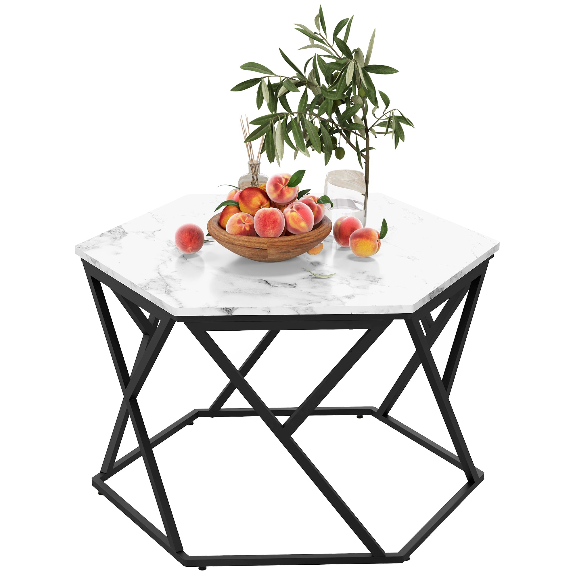 HOMCOM Modern Coffee Table, Cocktail Table with High Gloss Marble Effect Top, Steel Frame, for Living Room, White Marble