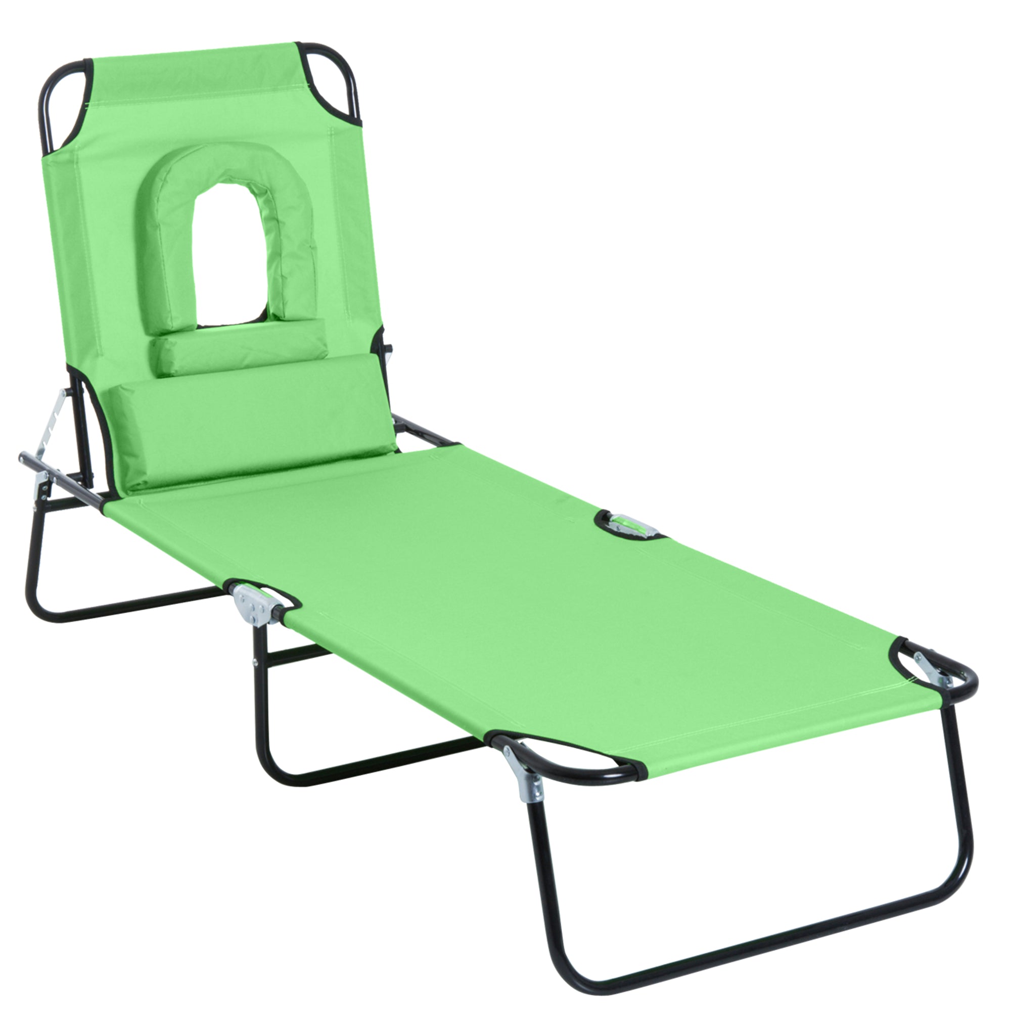 Outsunny Foldable Sun Lounger: Reclining Garden Chair with Pillow & Reading Hole, Adjustable Green Outdoor Recliner