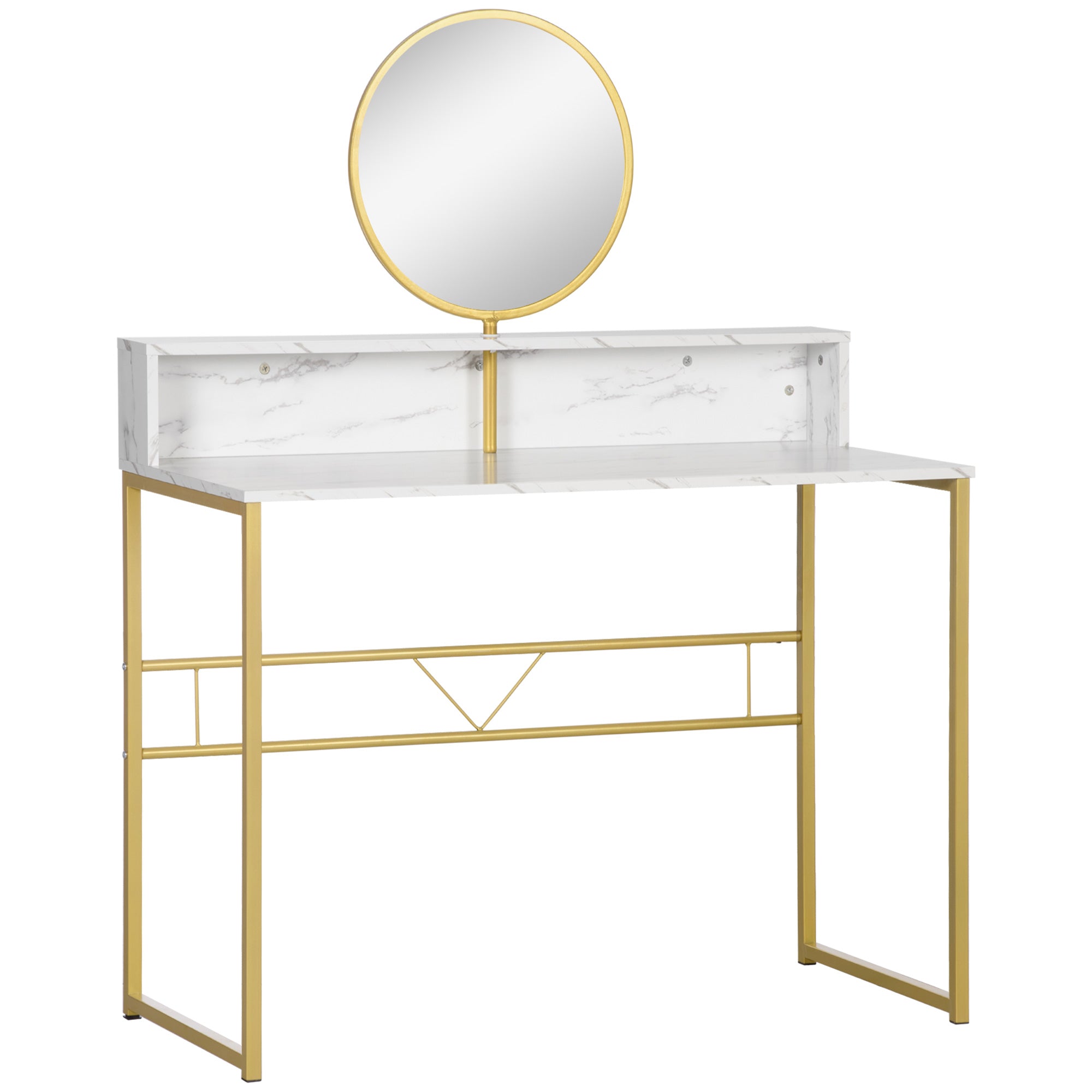 HOMCOM Vanity Dressing Table with Round Mirror, Modern Makeup Desk with Open Storage, Faux Marble & Steel Frame for Bedroom, White