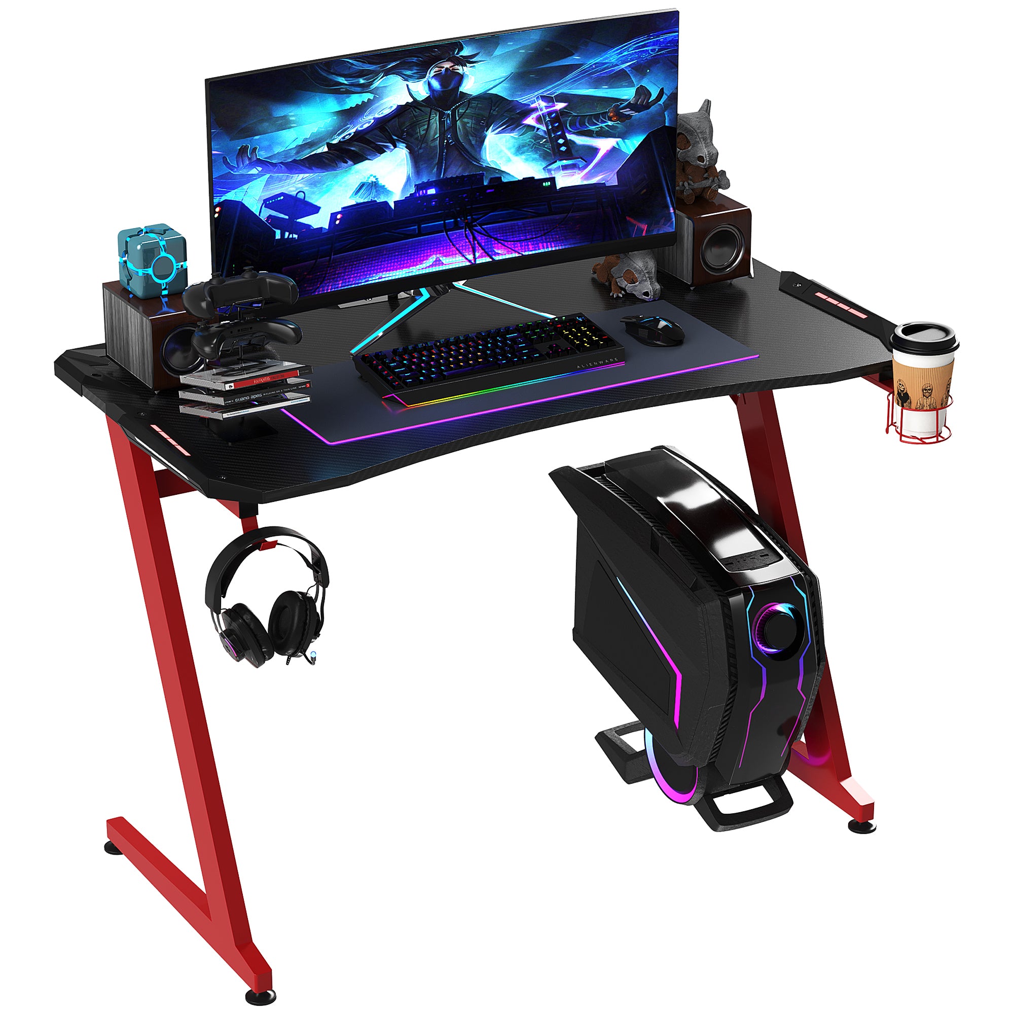 HOMCOM Gaming Desk, Ergonomic Home Office Desk, Gamer Workstation Racing Table, with Headphone Hook and Cup Holder, 122 x 66 x 86cm, Black and Red