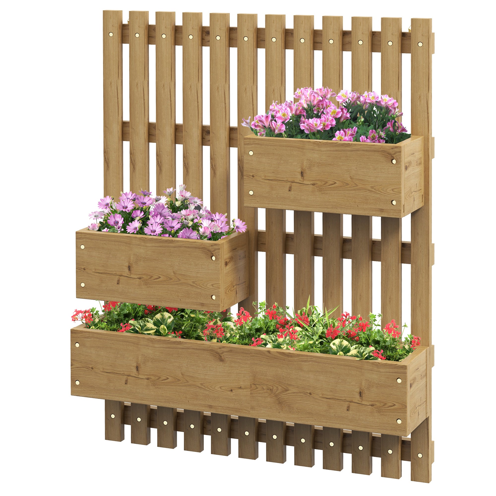 Outsunny Wall-mounted Wooden Garden Planters with Trellis, Drainage Holes and 3 Planter Boxes for Patio, Carbonised