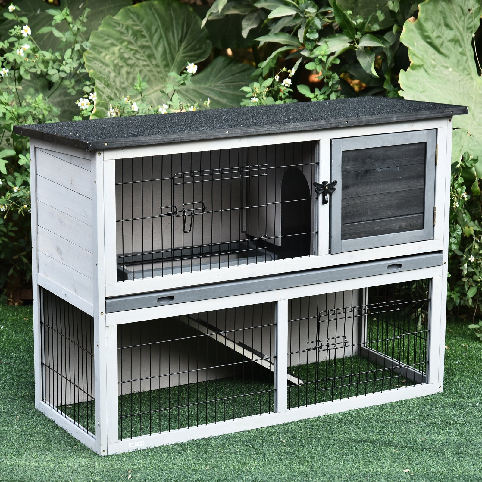 PawHut Small Animal Two-Level Fir Wood Hutch w/ Slide Out Tray Grey