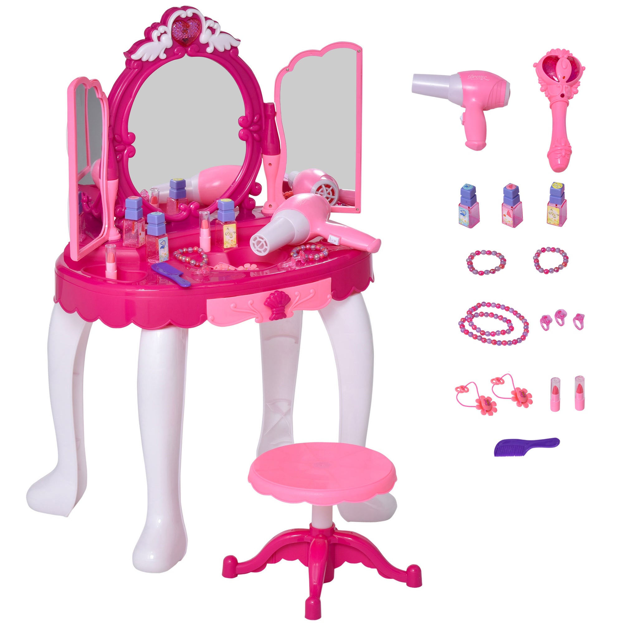 HOMCOM Kids Pretend Play Plastic Vanity Table Set w/ Sound Effect Pink