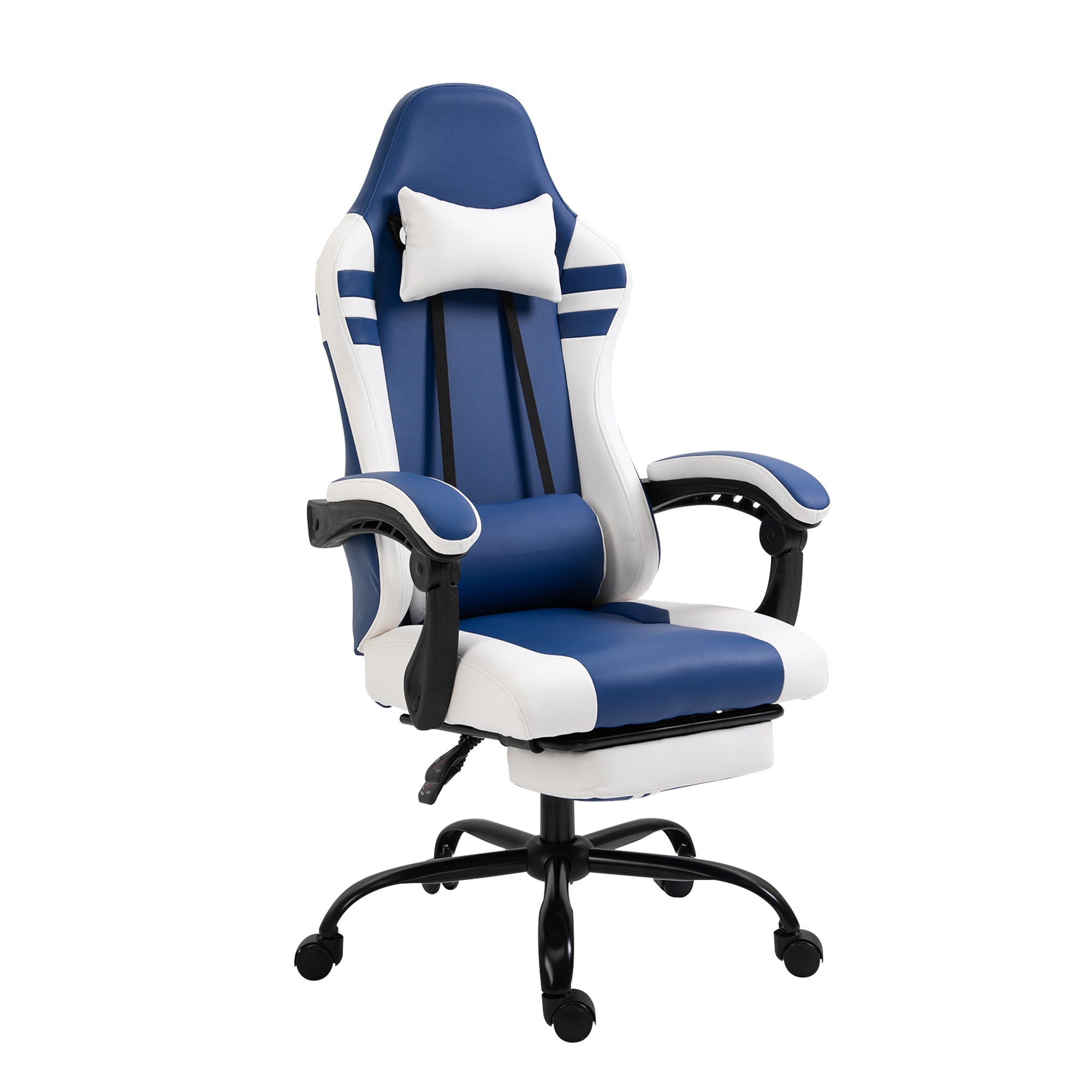 Vinsetto PU Leather Gaming Chair w/ Headrest, Footrest, Wheels, Adjustable Height, Racing Gamer Recliner, Blue White