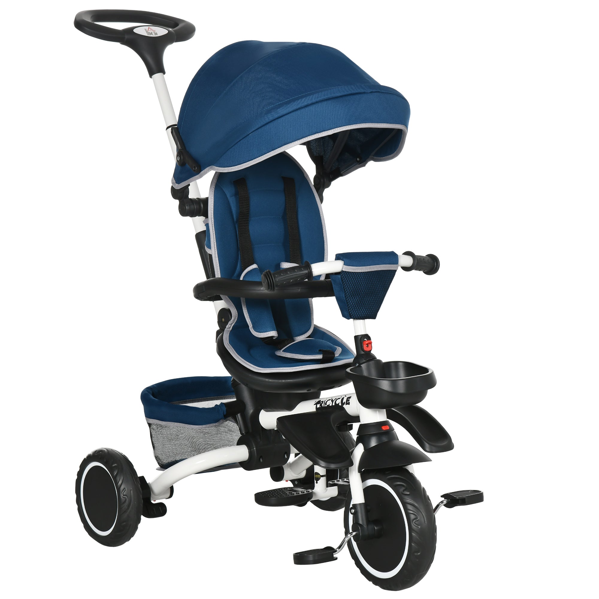 HOMCOM 7-in-1 Tricycle 3 Wheels Pedal Trike w/ Rotatable Seat and Safety Harness for Ages 12-50 Months Kids, Baby, Blue