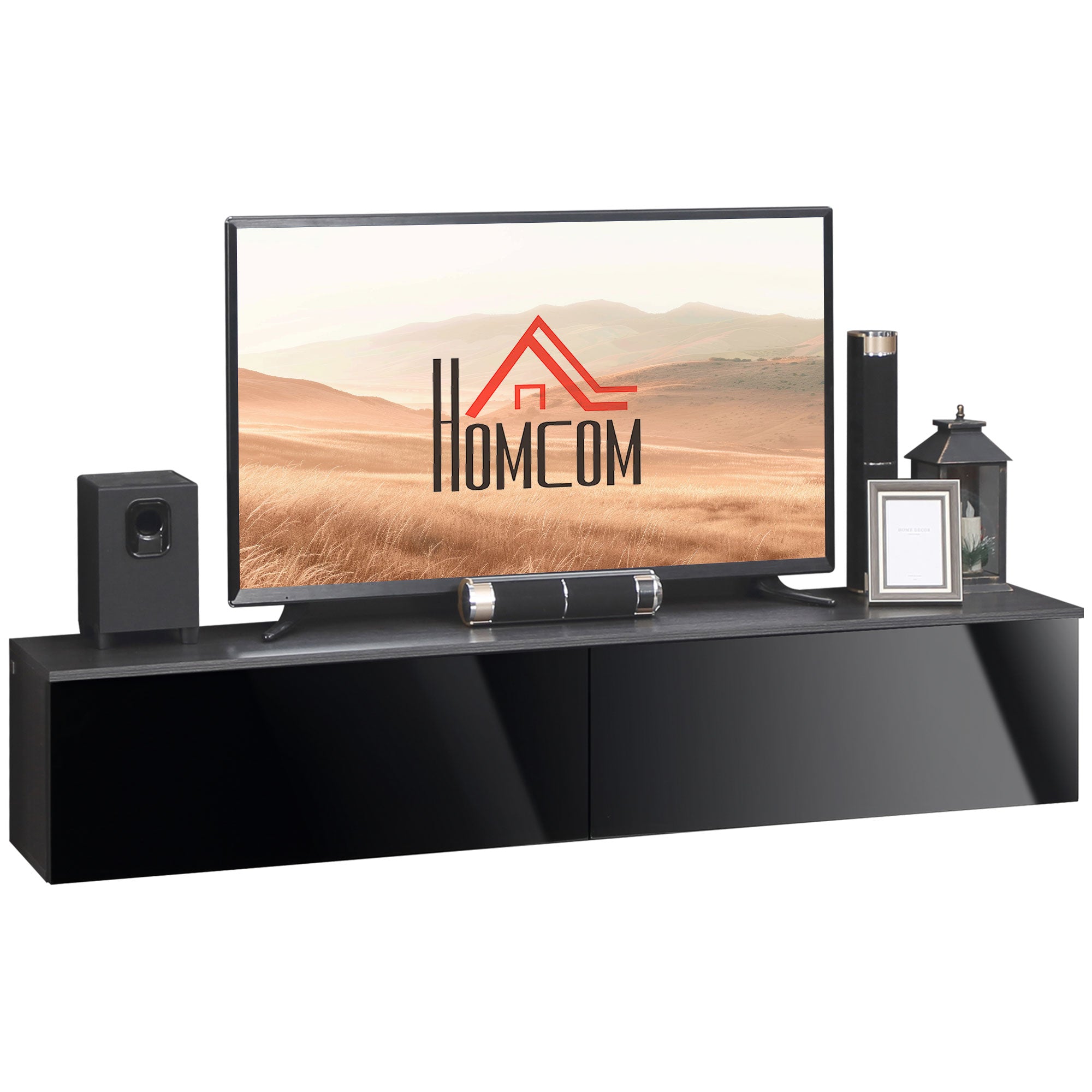 HOMCOM Floating TV Unit Stand for TVs up to 70" with High Gloss Effect, Wall Mounted Media Console with Storage Cupboards, Grey and Black