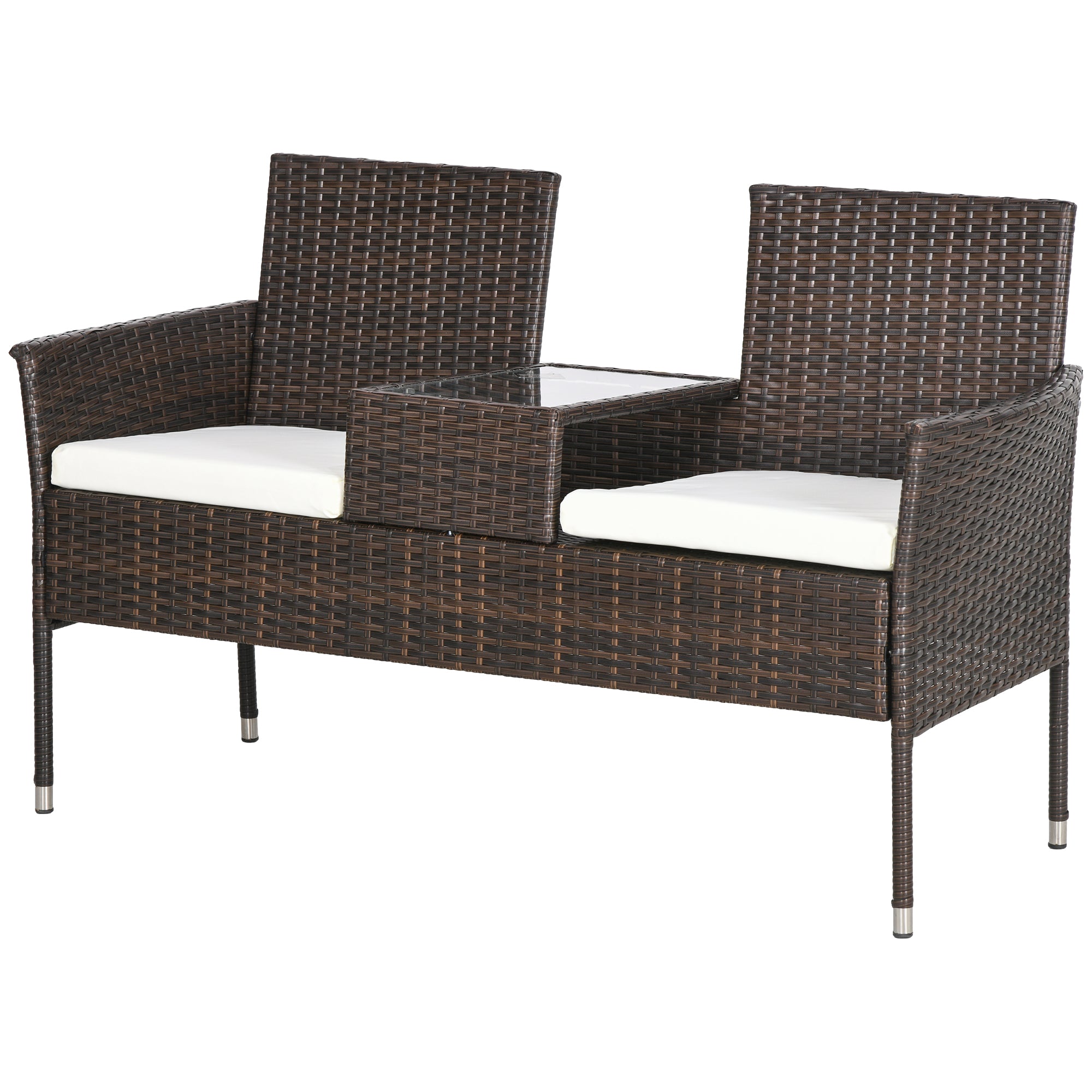 Outsunny Two-Seat Rattan Chair, with Middle Table - Brown