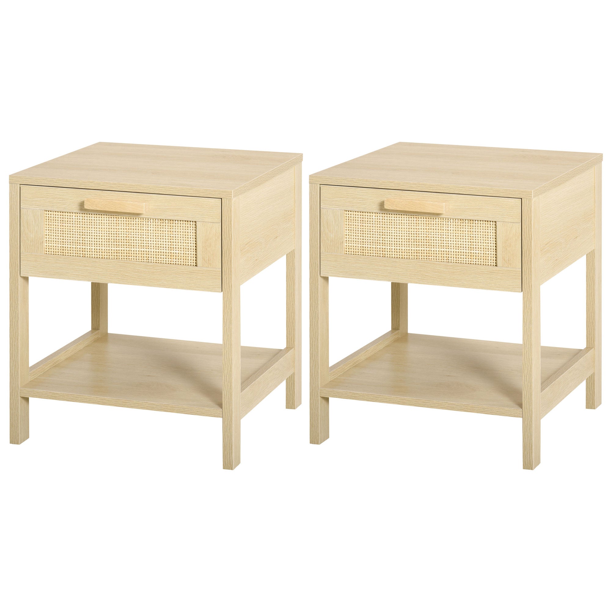 HOMCOM Bedside Nightstand Set of 2, with Rattan Drawer and Storage Shelf, for Bedroom, Living Room