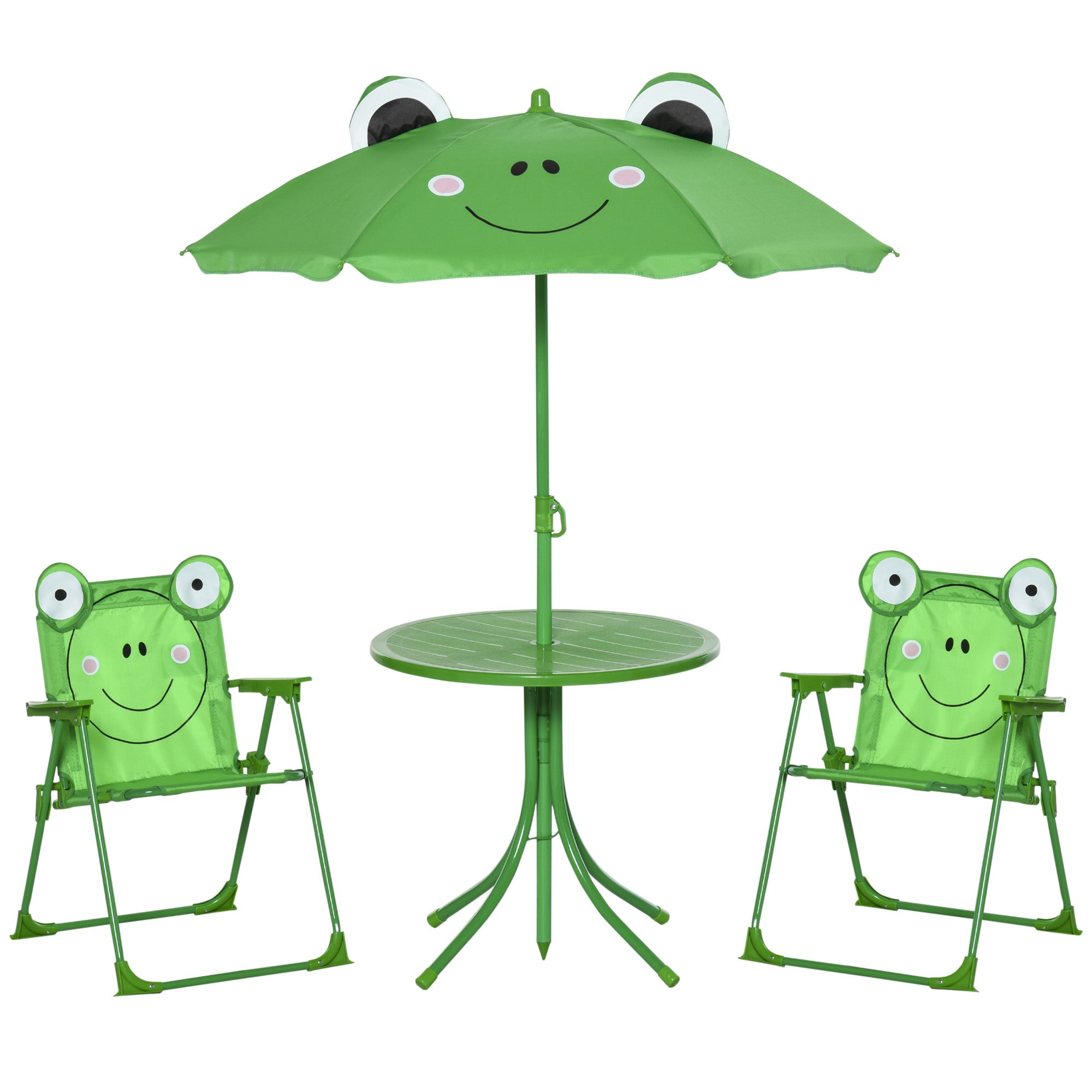 Outsunny Kids Folding Picnic Table and Chair Set Frog Pattern with Removable & Height Adjustable Sun Umbrella, Green