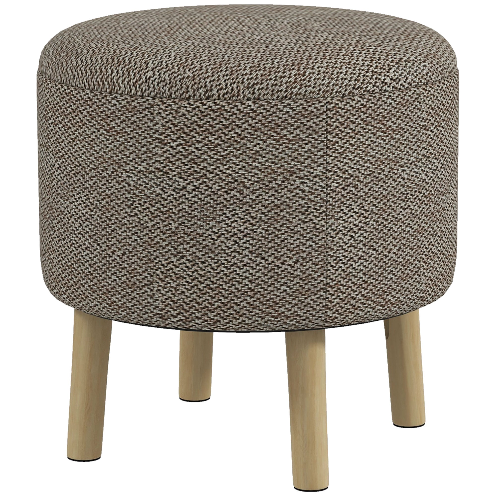 HOMCOM Linen Fabric Ottoman Stool, Round with Storage, Padded Seat, Wooden Legs, Hidden Space, Light Grey