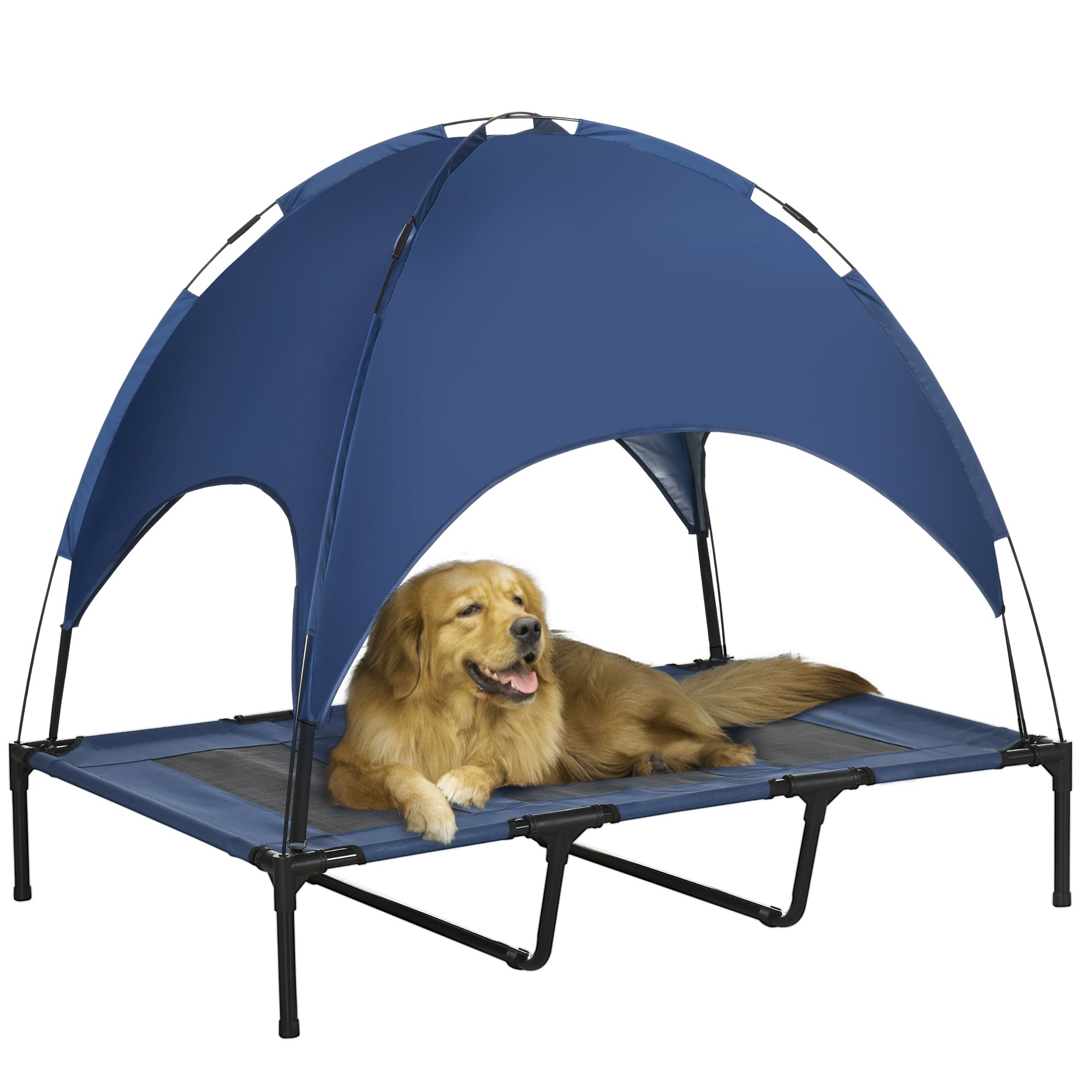 PawHut Elevated Pet Retreat: Waterproof Mesh Cot with UV Canopy for XL Dogs, 122 x 92 x 108 cm, Azure Blue