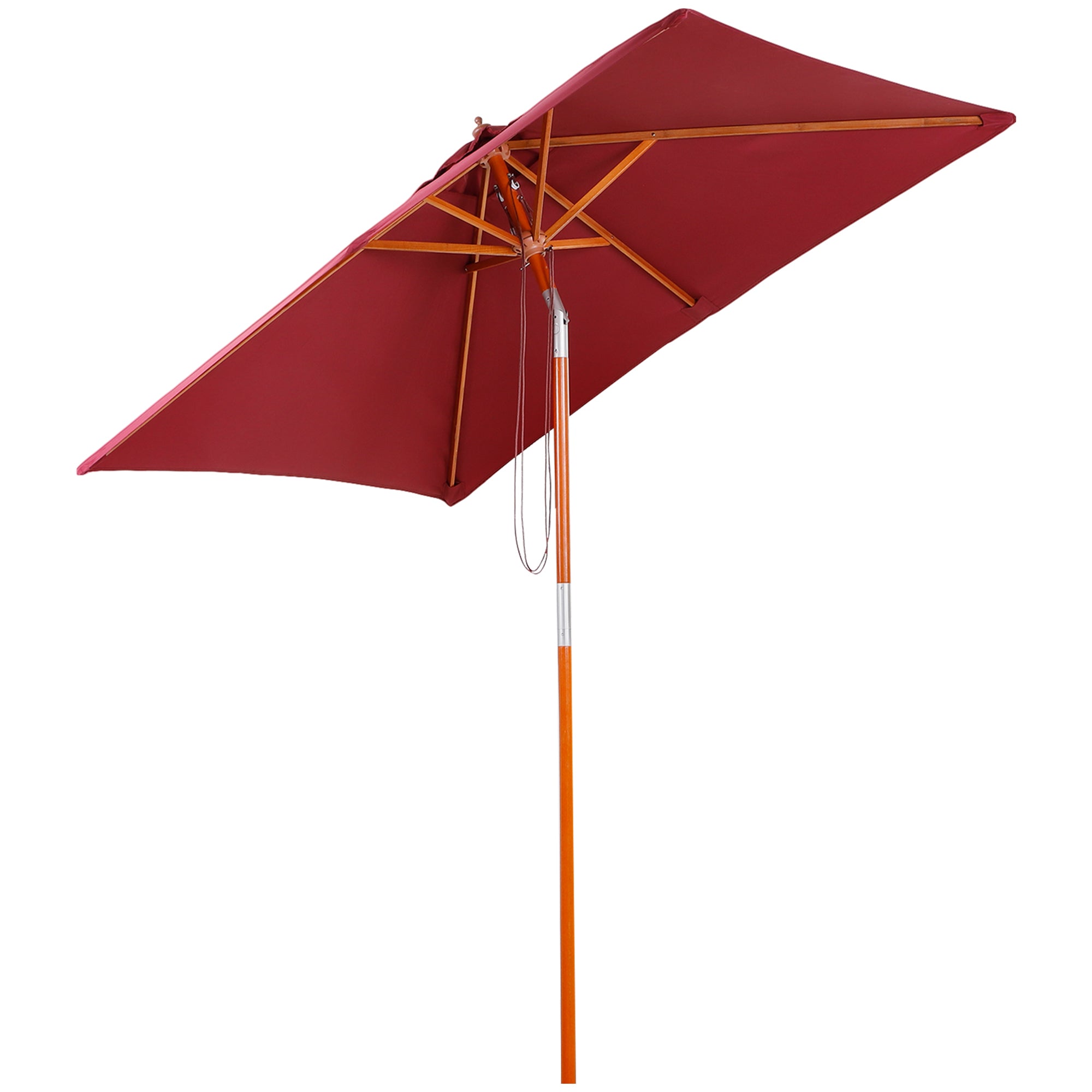 Outsunny 2 x 1.5m Patio Garden Parasol Sun Umbrella Sunshade Canopy Outdoor Backyard Furniture Fir Wooden Pole 6 Ribs Tilt Mechanism - Wine Red