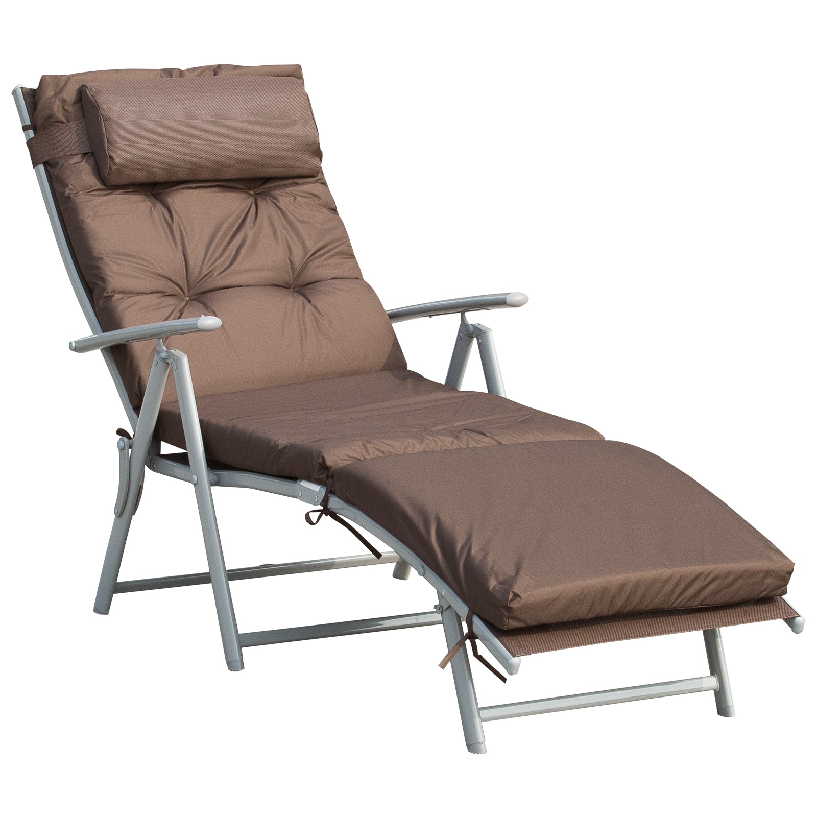 Outsunny Garden Sun Lounger, Foldable Reclining Chair with Pillow and Adjustable Back, Texteline Fabric, Brown