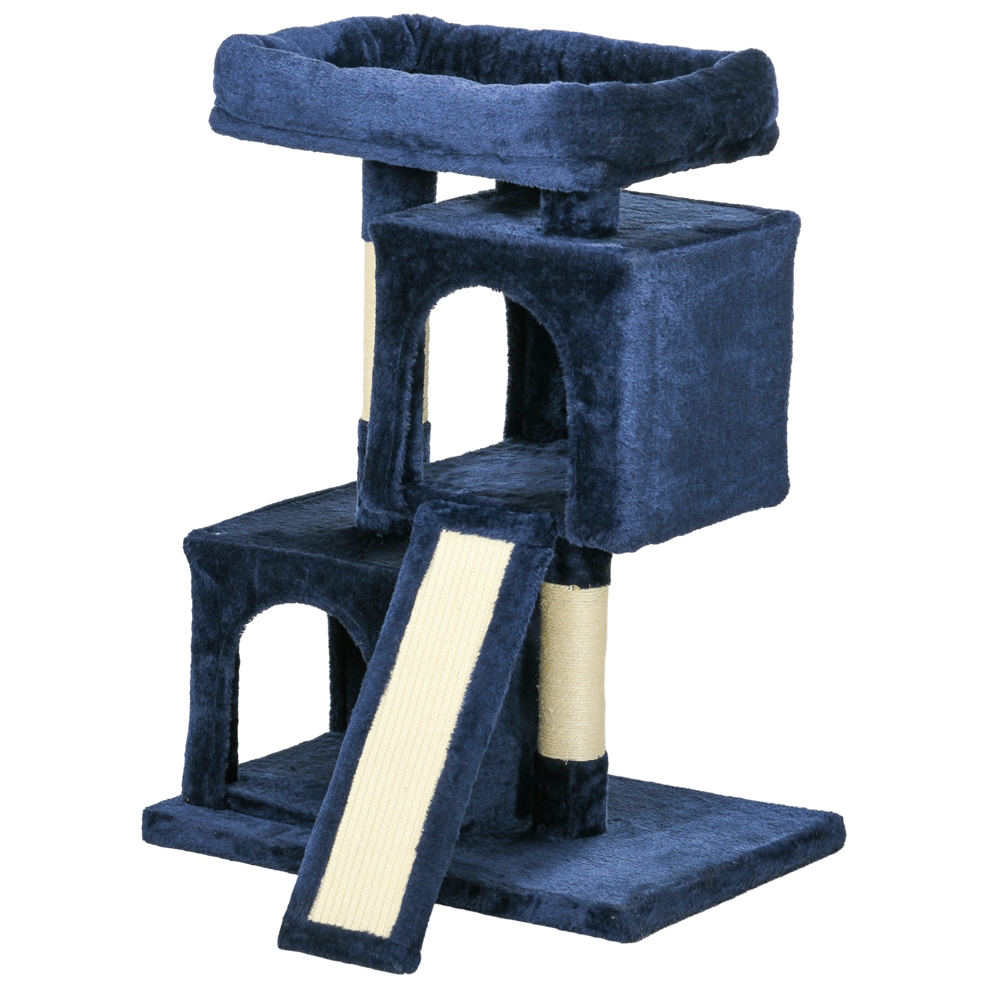 PawHut Sisal Cat Activity Tree, Rest & Play Centre with 2 Houses, Durable, Navy Blue