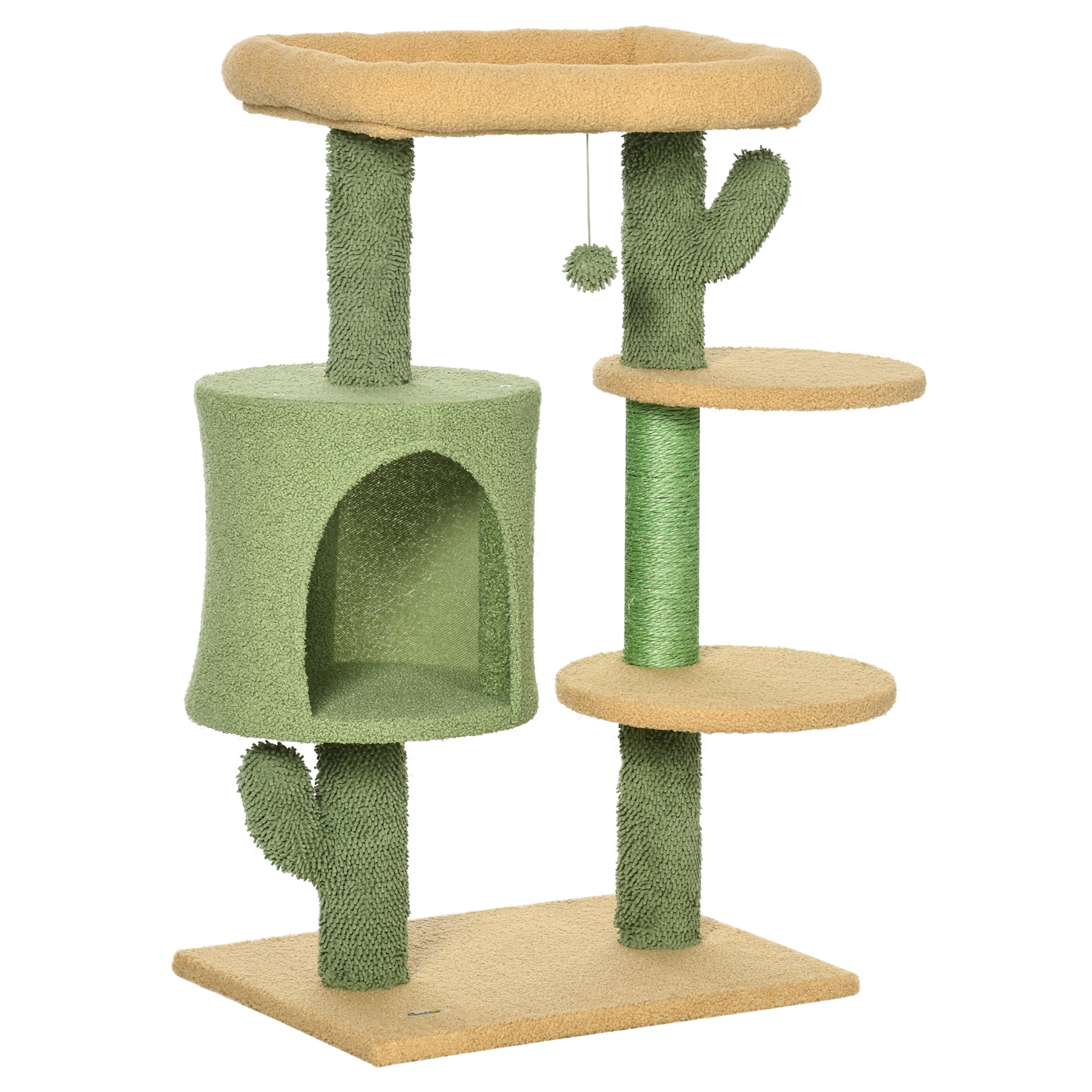 PawHut Cactus Cat Tree, 90cm Cat Climbing Tower, kitten Activity Centre with Teddy Fleece House, Bed, Sisal Scratching Posts and Hanging Ball, Green