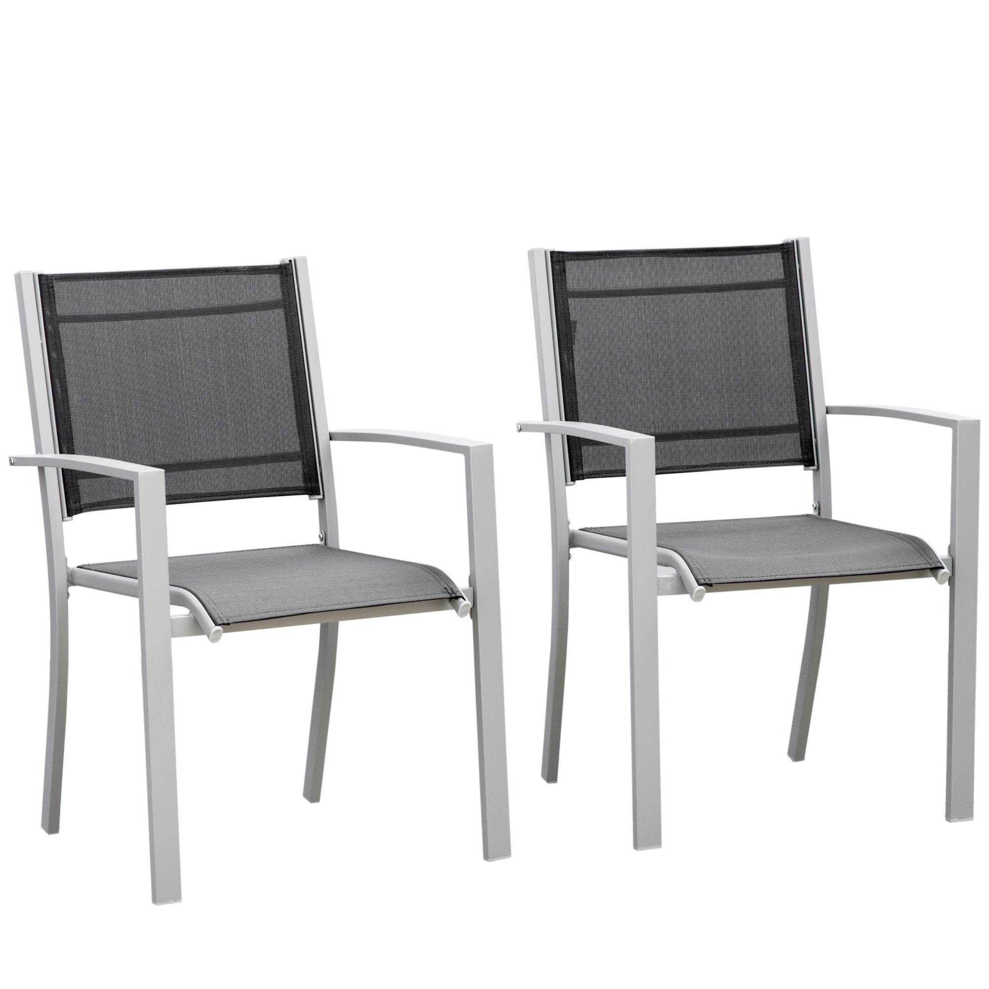 Outsunny Outdoor Chairs, Set of 2, Square Steel Frame, Texteline Seats, Foot Caps, Mesh, Boxy, Comfortable, Easy Clean, Black/Grey