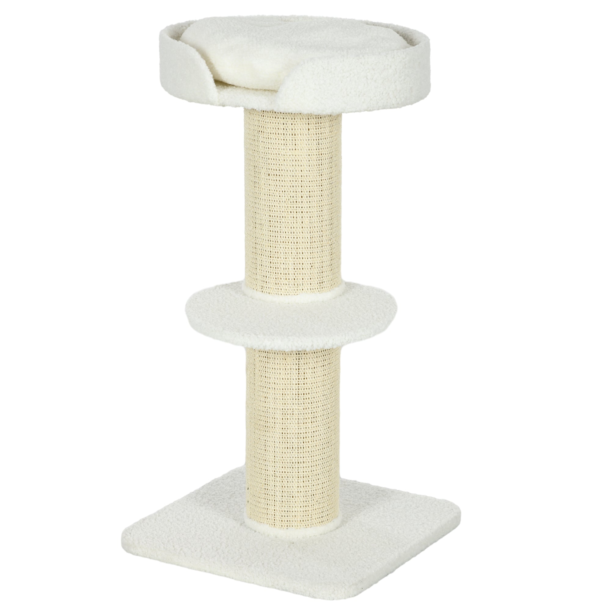 PawHut 2 Tier Sisal Sherpa Cat Tree with Basket Cushion Sisal Post Cream White