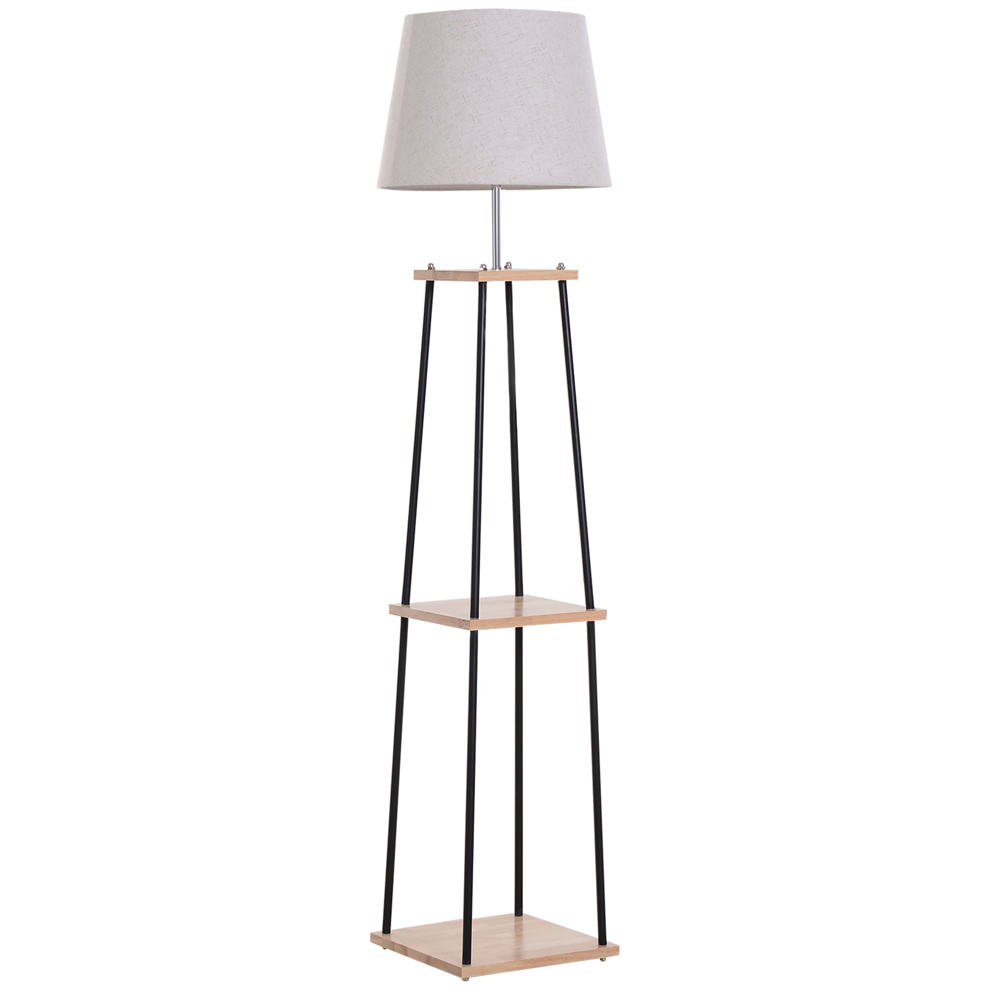 HOMCOM Metal Tripod Floor Lamp w/ 3-Tier Shelves Foot Switch Modern Stylish E27 Lampshade Base  Functional Duo Design