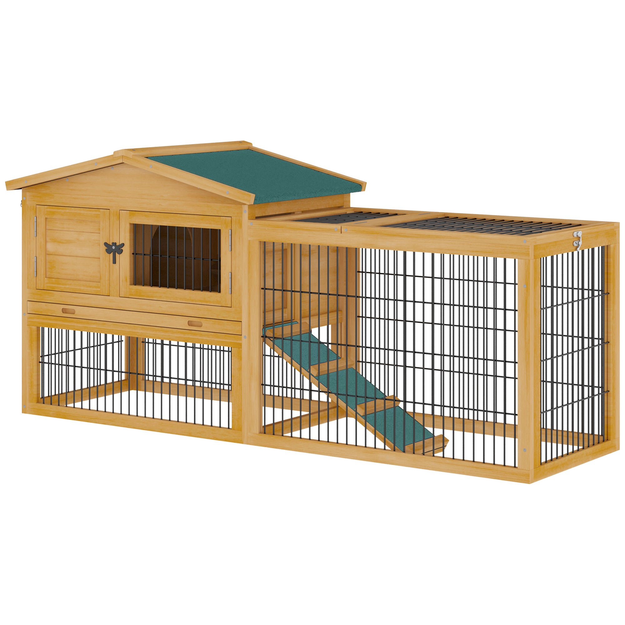 PawHut 2 Level Wooden Rabbit Bunny Guinea Pig Hutch w/ Outdoor Run Water Resistant Roof Pull out Tray Ramp 150 x 52.5 x 68 cm, Yellow