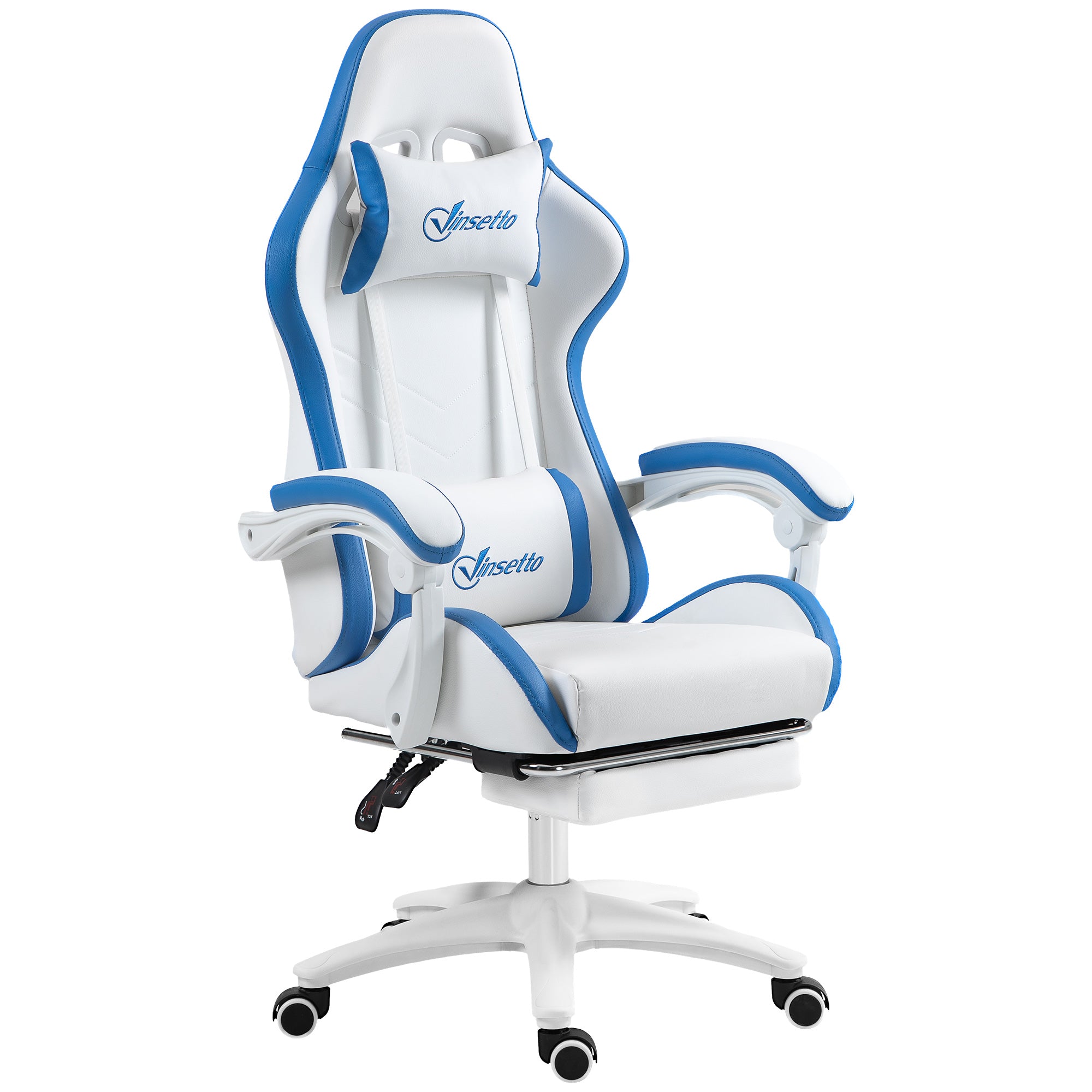 Vinsetto Racing Gaming Chair, Reclining PU Leather Computer Chair with 360 Degree Swivel Seat, Footrest, Removable Headrest and Lumber Support, White and Blue