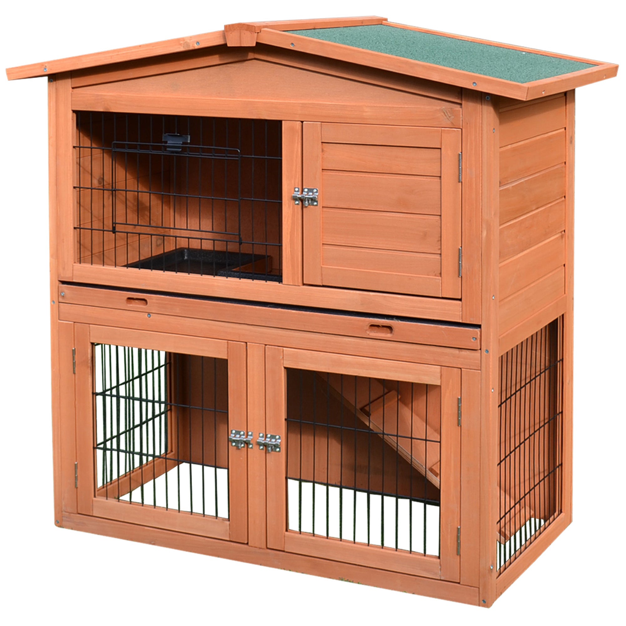 PawHut 2 Tier Rabbit Hutch Guinea Pig Hutch Ferret Cage with Ramp Slide Out Tray for Indoor Outdoor 100.5 x 55 x 101 cm