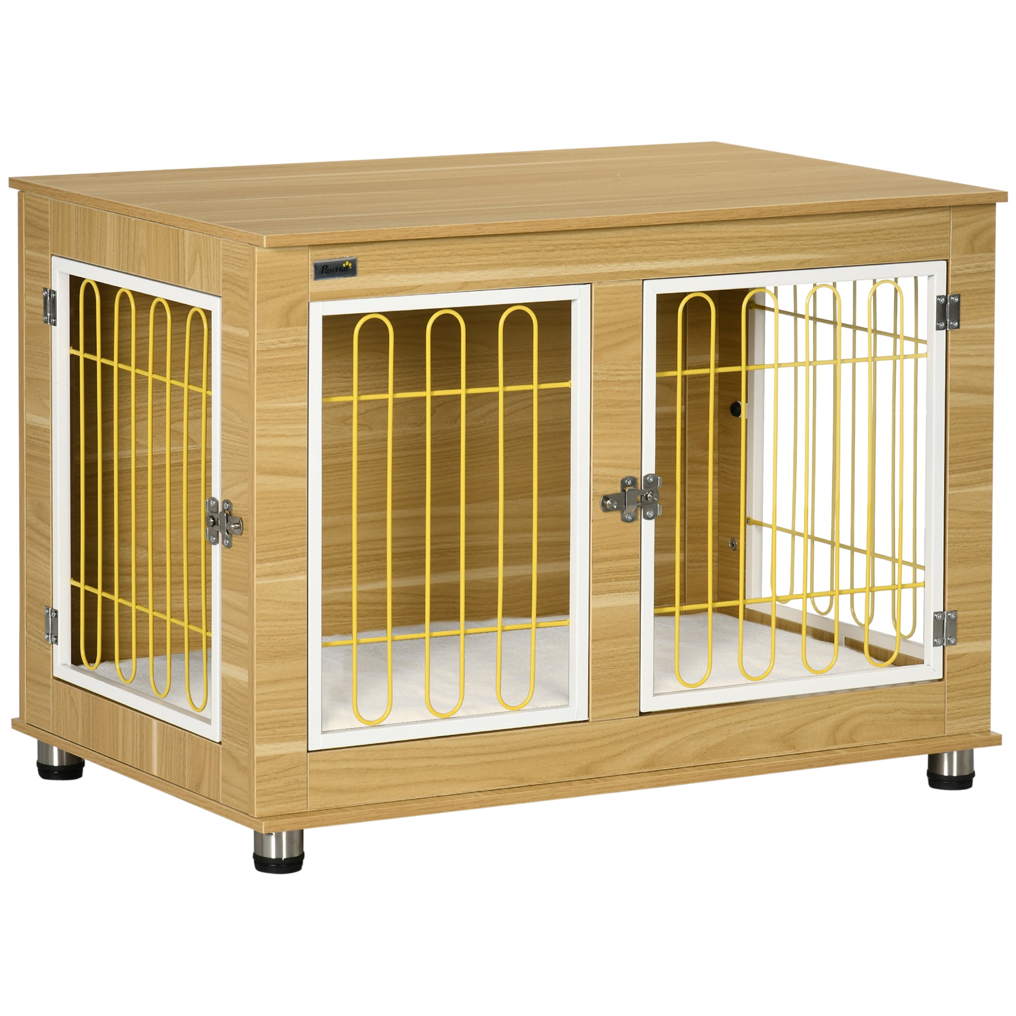 PawHut Dog Crate Furniture, Dog Cage End Table. with Soft Cushion, Double Door - Oak Tone