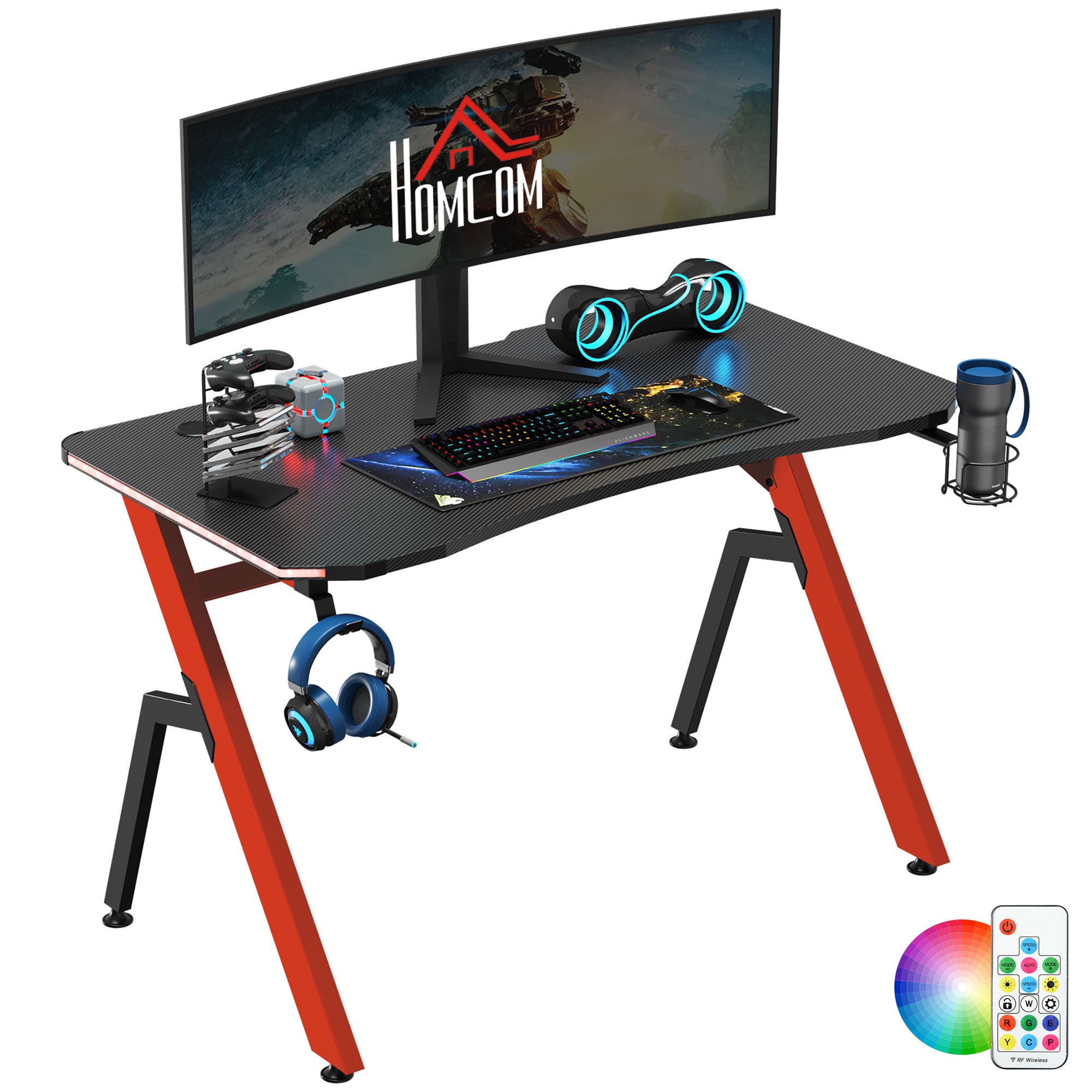 HOMCOM Ergonomic Gaming Desk, Racing Style Workstation with RGB LED Lights, Hook, Cup Holder, Controller Rack, Black Red