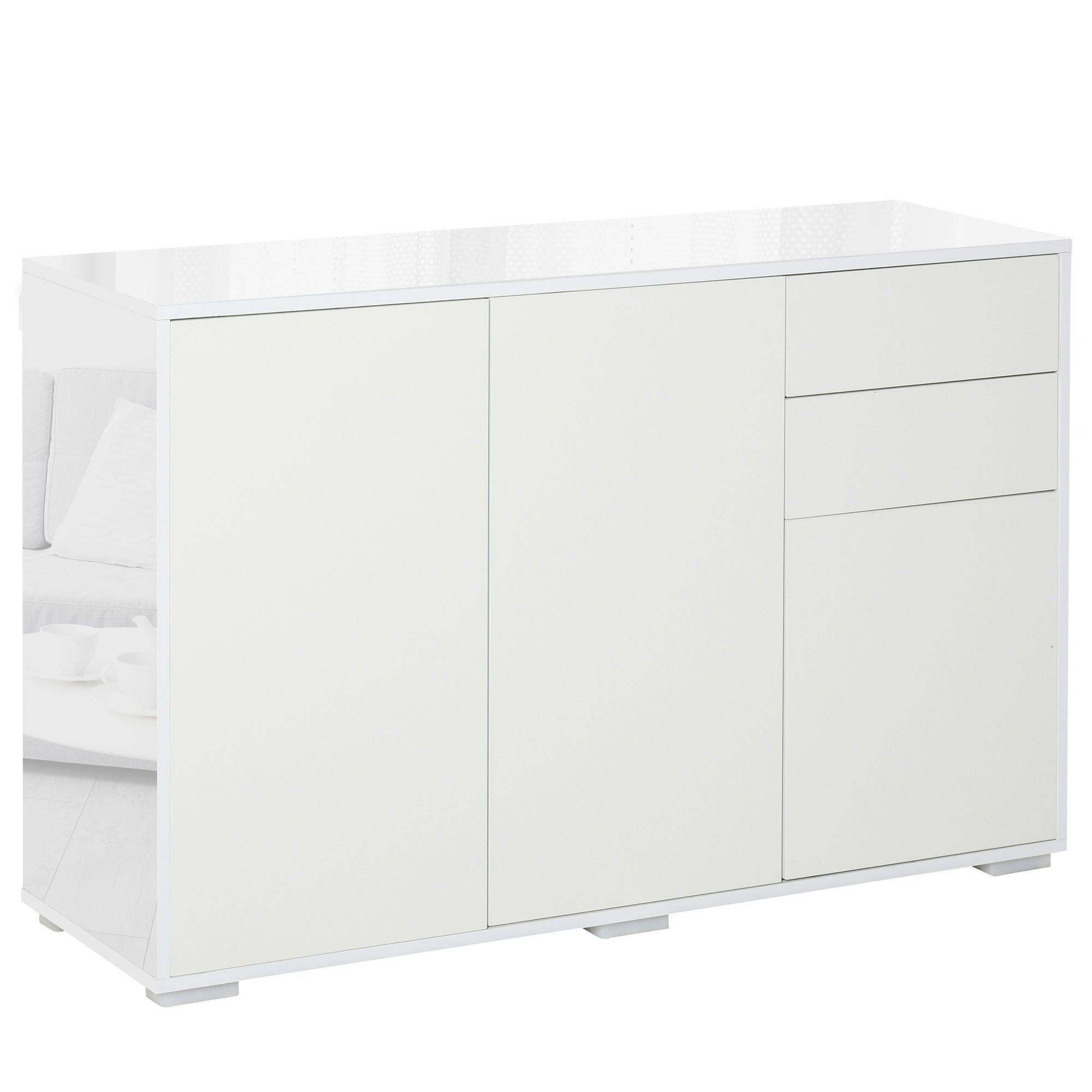 HOMCOM High Gloss Sideboard, Side Cabinet, Push-Open Design with 2 Drawer for Living Room, Bedroom, White